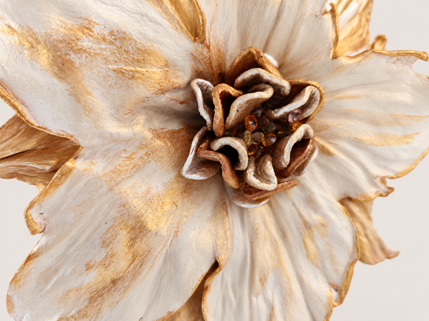 Hand-Shaped and Hand-Painted Leather Flower Cuff in Ivory and Gold, photo 5
