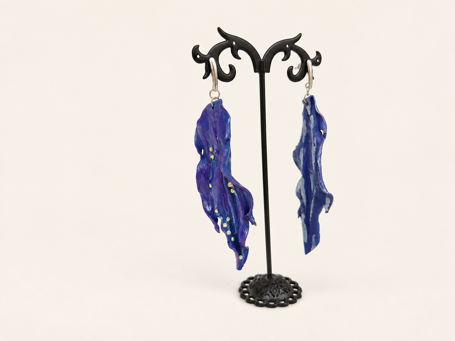 Sculptural Blue-Violet Leather Earrings with Iridescent Crystals, photo 4