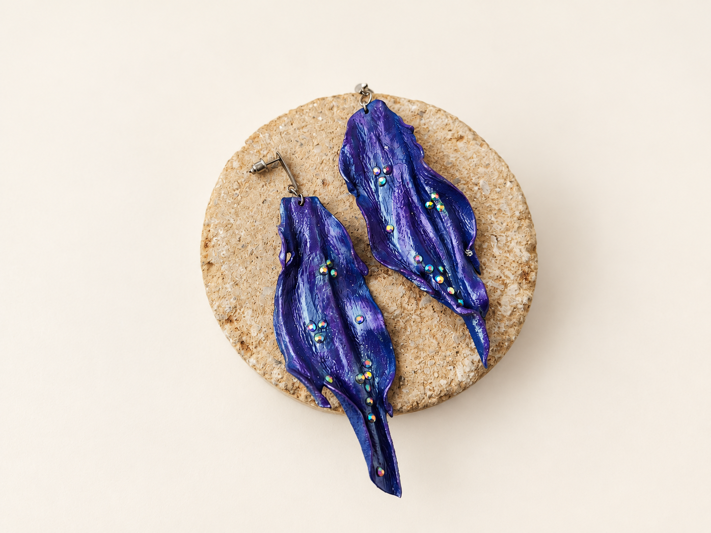 Sculptural Blue-Violet Leather Earrings with Iridescent Crystals, photo 3