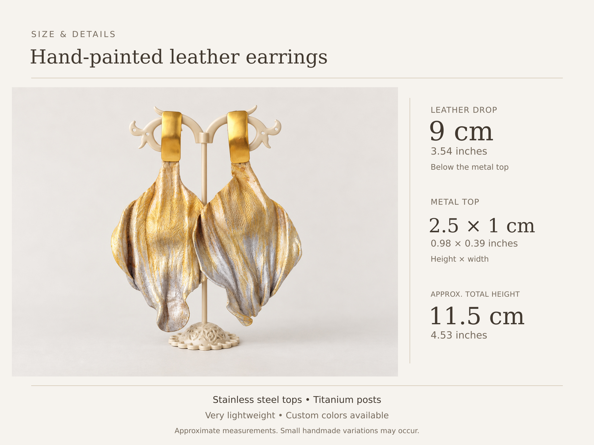 Hand-Shaped and Hand-Painted Lightweight Leather Leaf Earrings, photo 4