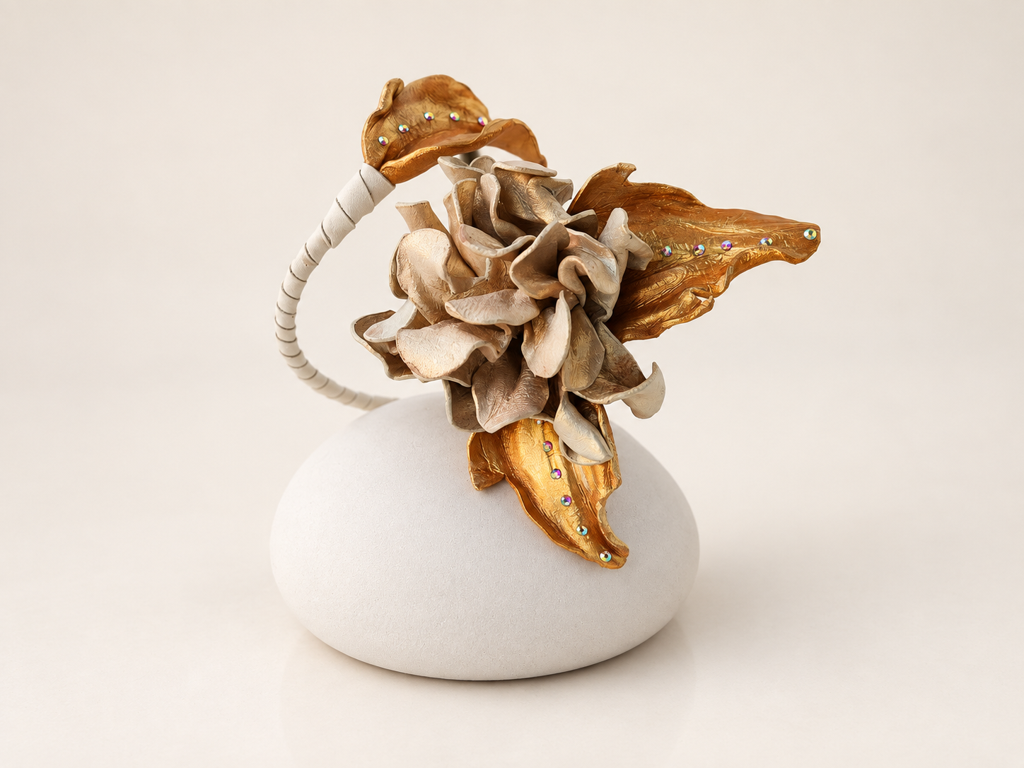 Sculptural Leather Flower Bracelet in Champagne & Gold