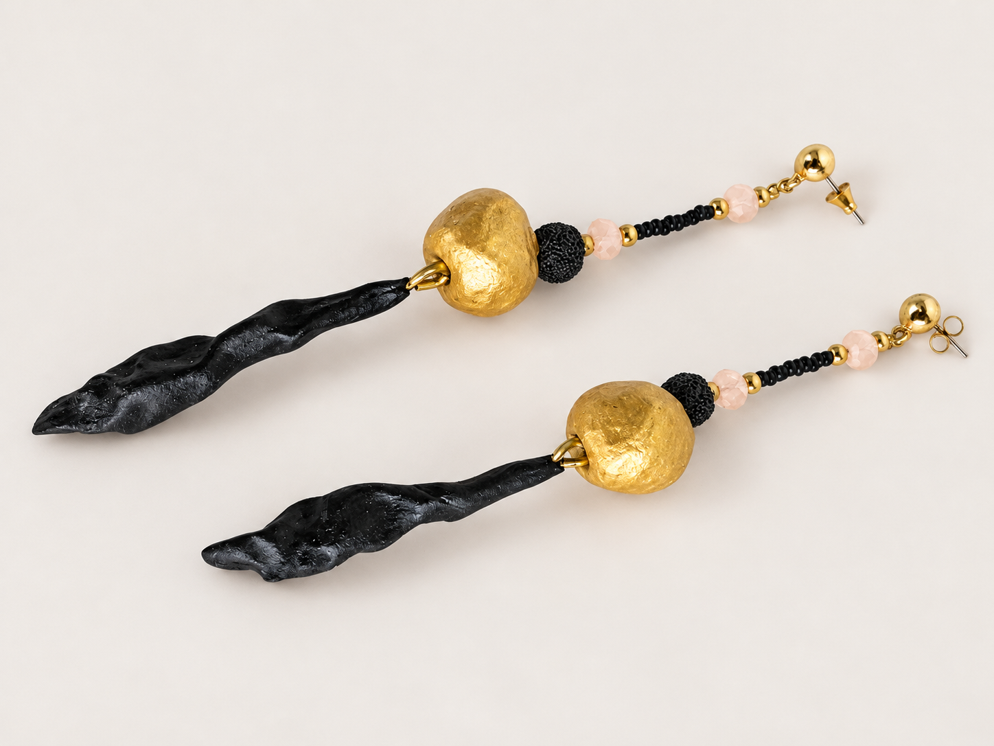 Black and Gold Papier-Mâché Drop Earrings with Beads, photo 5
