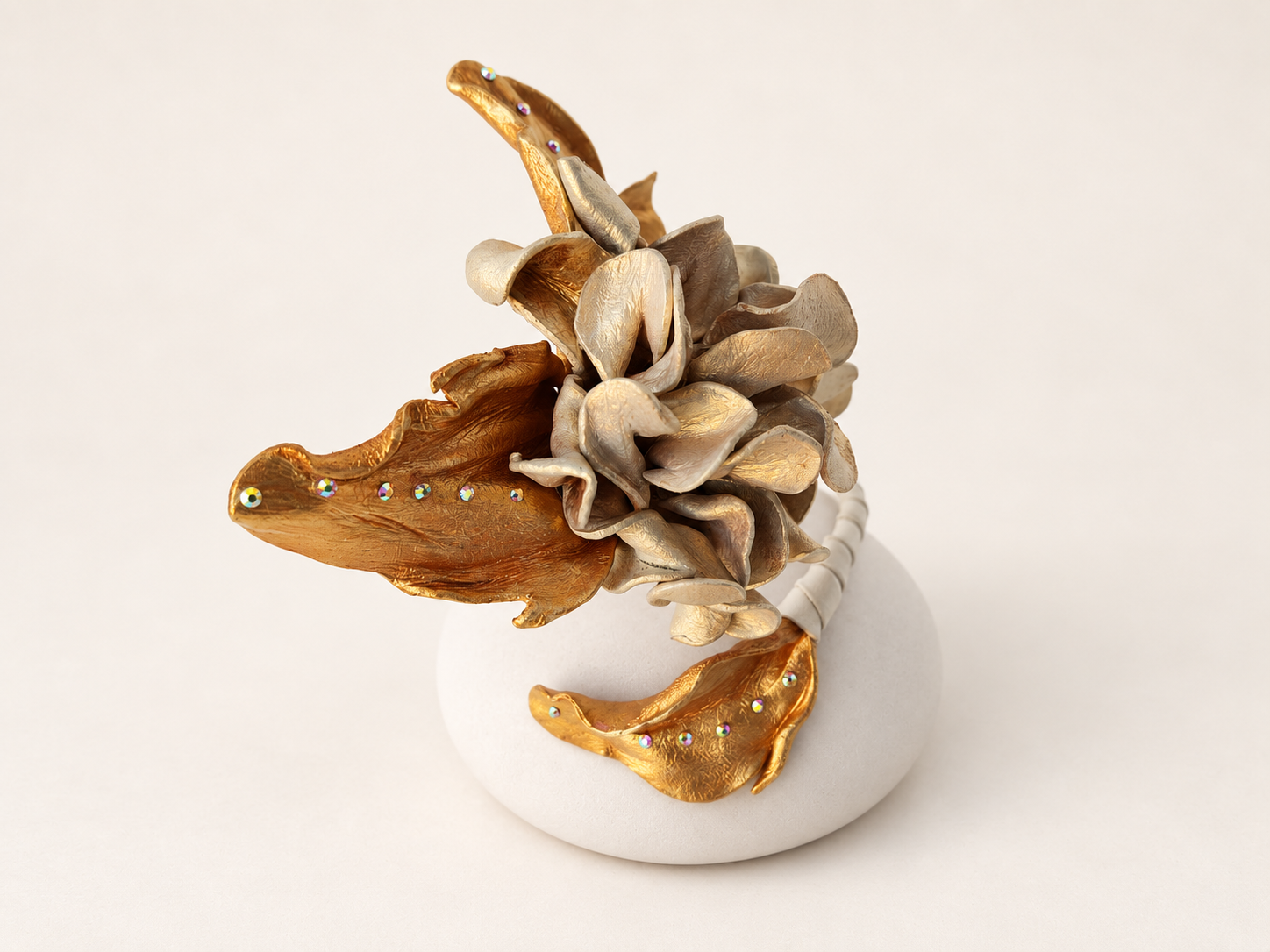 Sculptural Leather Flower Bracelet in Champagne & Gold, photo 2