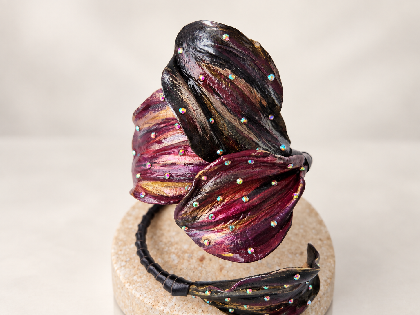Sculptural Leather Leaf Cuff Bracelet with Iridescent Crystals, photo 2