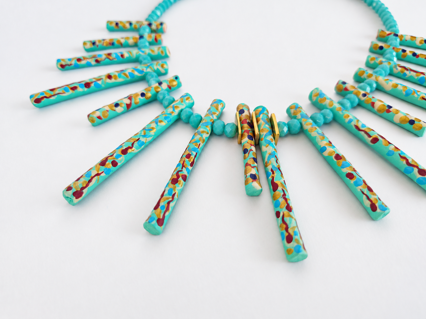 Turquoise Hand-Painted Papier-Mâché Statement Necklace, photo 3