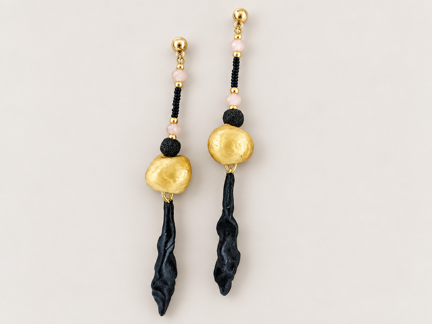Black and Gold Papier-Mâché Drop Earrings with Beads, photo 6