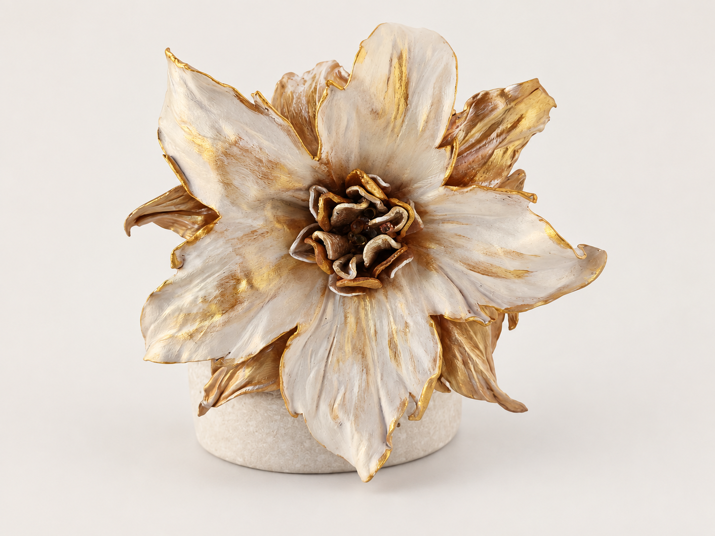 Hand-Shaped and Hand-Painted Leather Flower Cuff in Ivory and Gold, photo 3