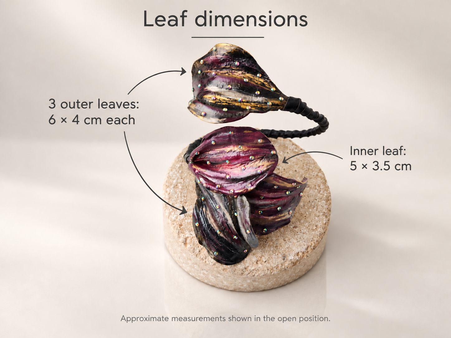 Sculptural Leather Leaf Cuff Bracelet with Iridescent Crystals, photo 6
