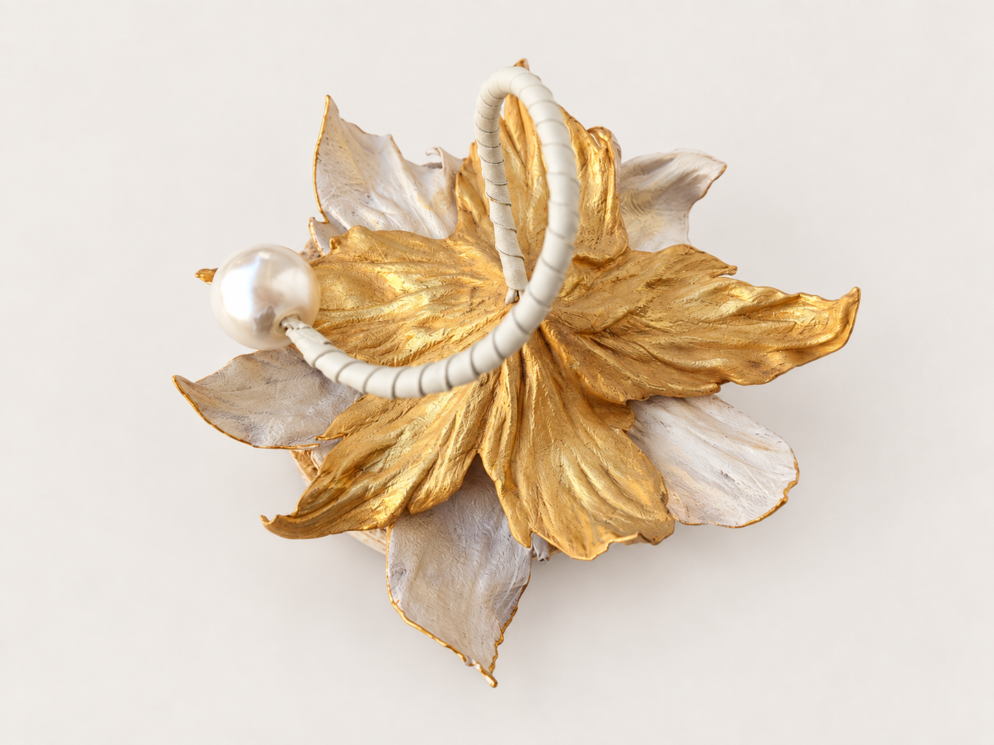 Hand-Shaped and Hand-Painted Leather Flower Cuff in Ivory and Gold, photo 2