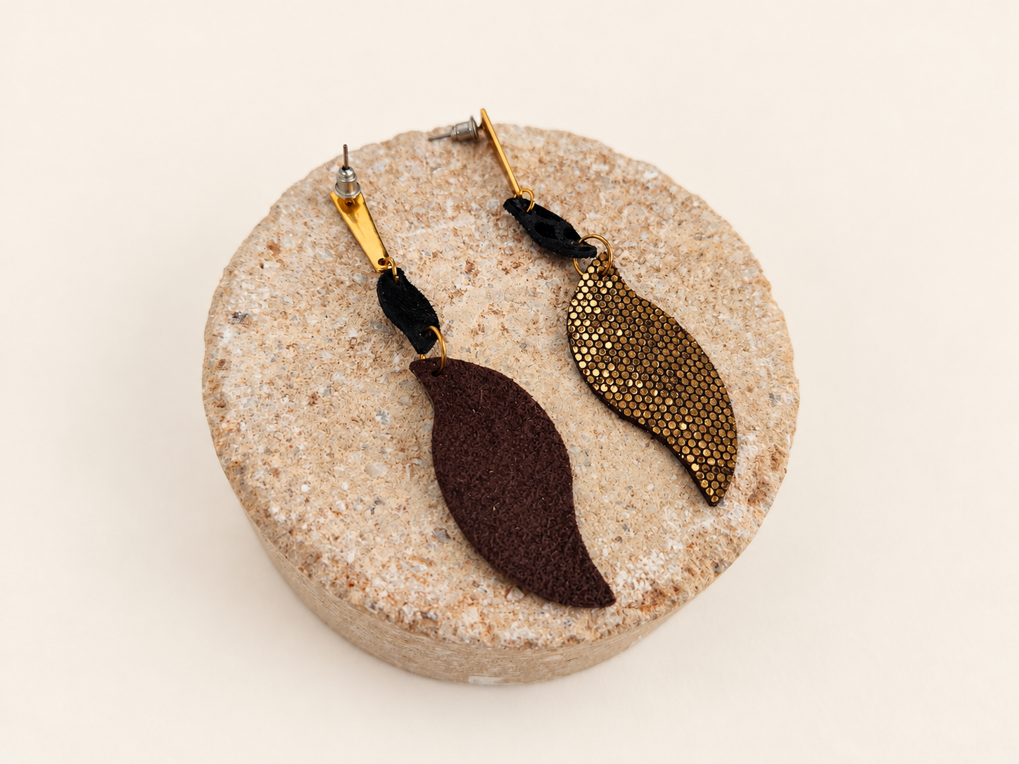 Black and Gold Leather Leaf Earrings with Snakeskin Texture, photo 6