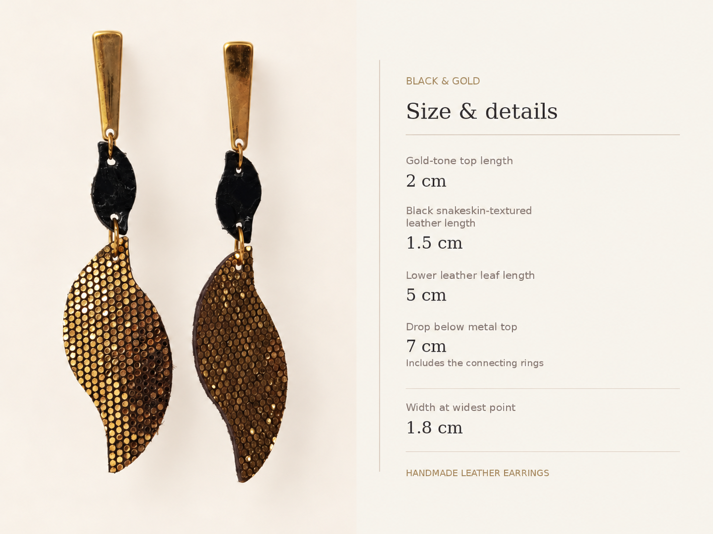 Black and Gold Leather Leaf Earrings with Snakeskin Texture, photo 3