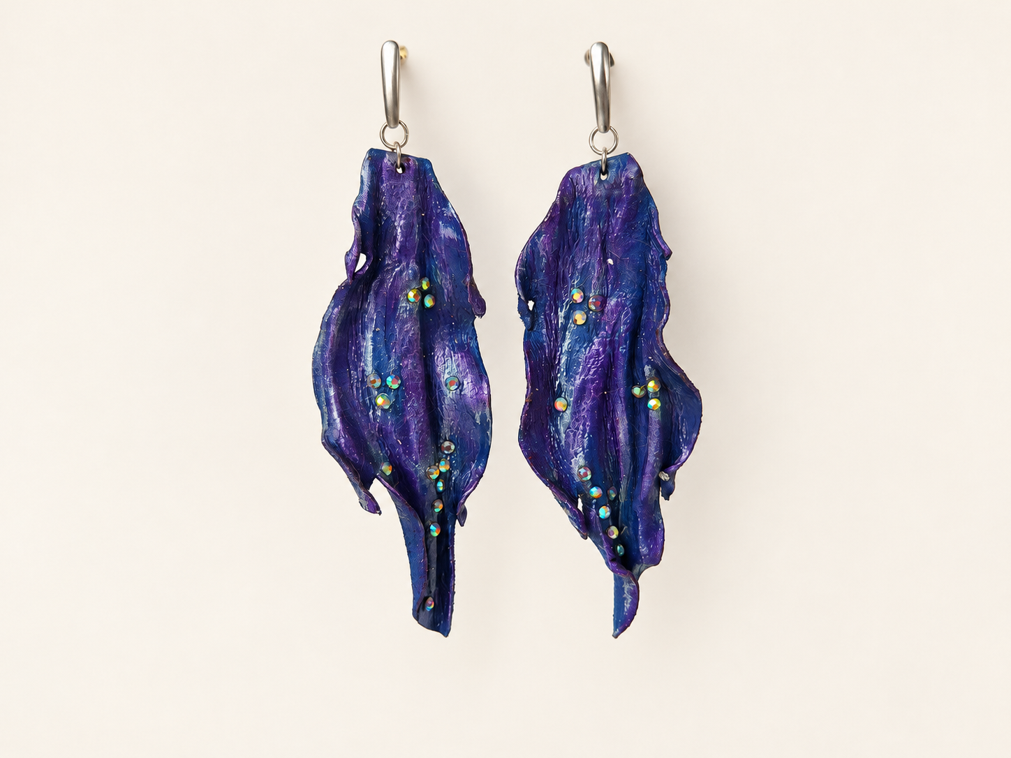 Sculptural Blue-Violet Leather Earrings with Iridescent Crystals