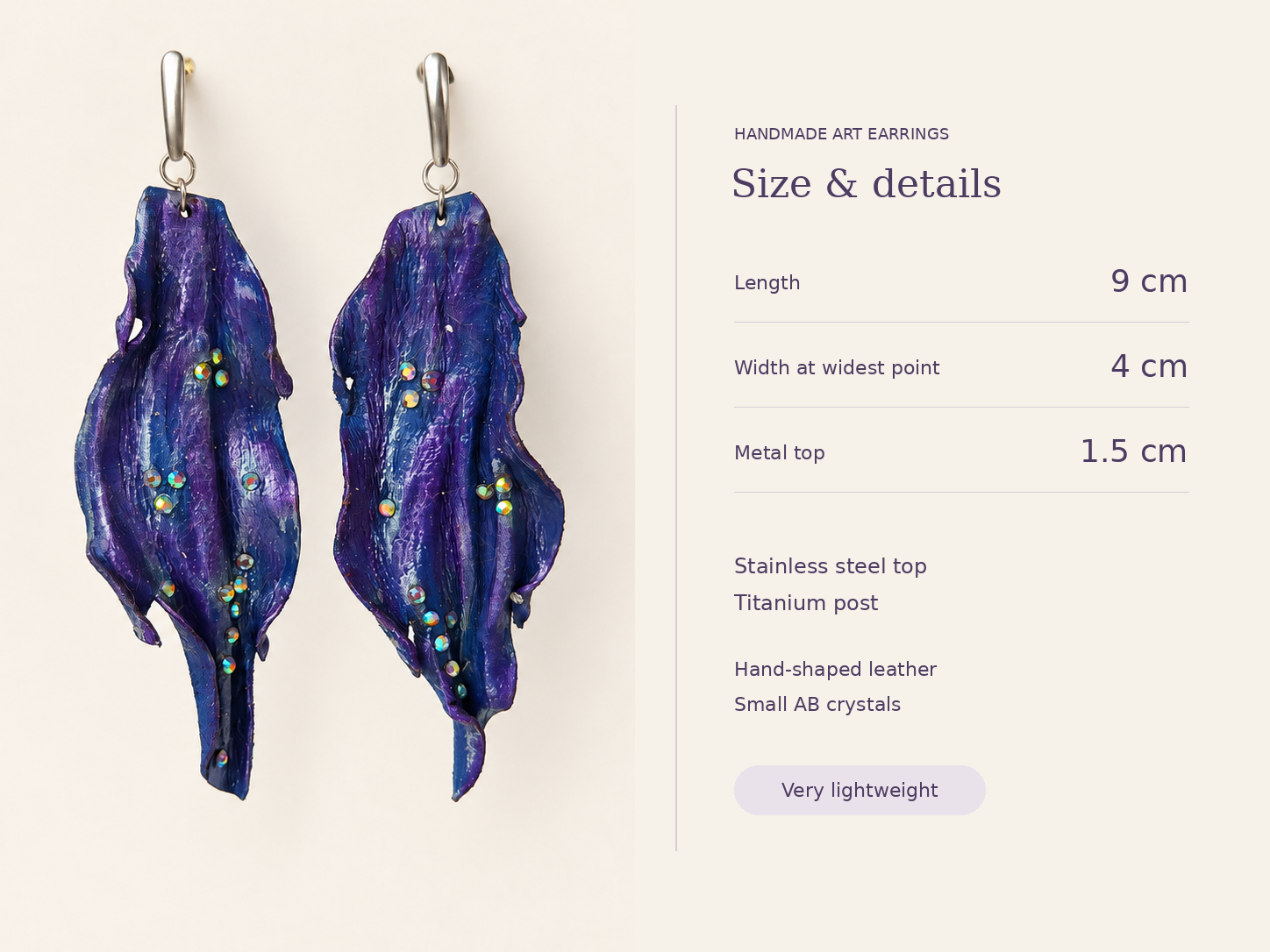 Sculptural Blue-Violet Leather Earrings with Iridescent Crystals, photo 5
