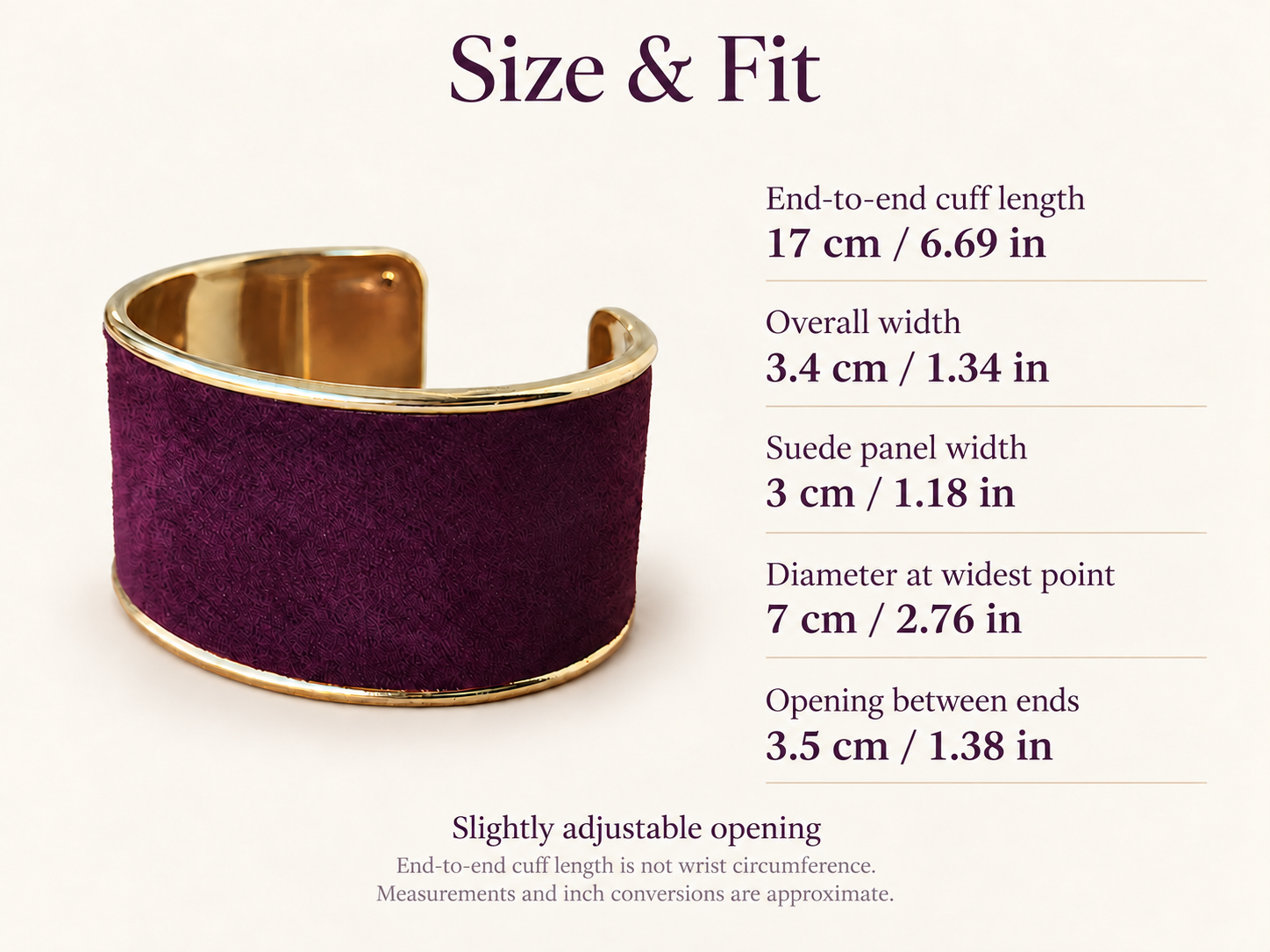 Handmade Purple Suede Cuff Bracelet, Gold-Tone Metal, Adjustable Fit, Custom Colors, photo 2