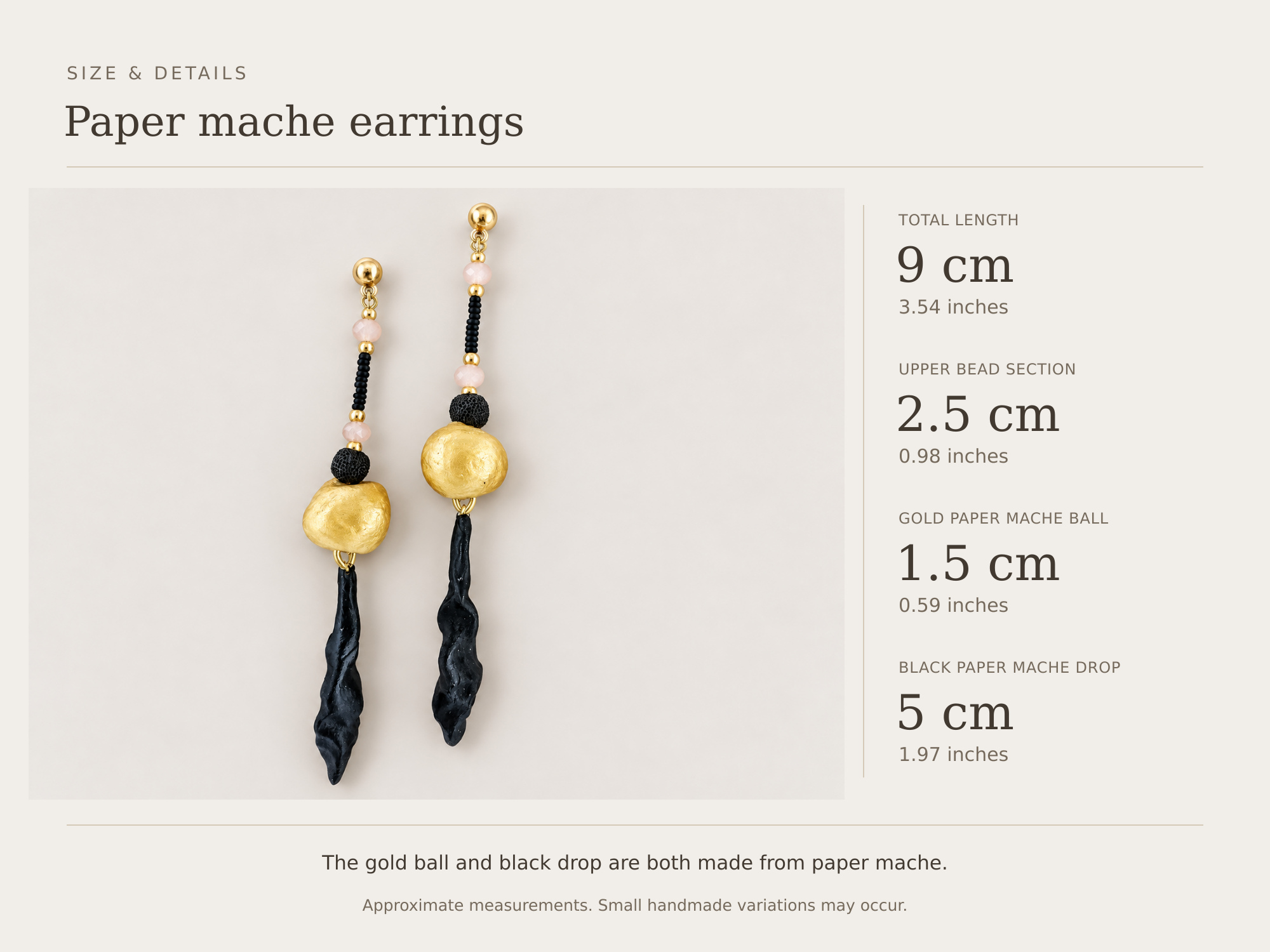 Black and Gold Papier-Mâché Drop Earrings with Beads, photo 4