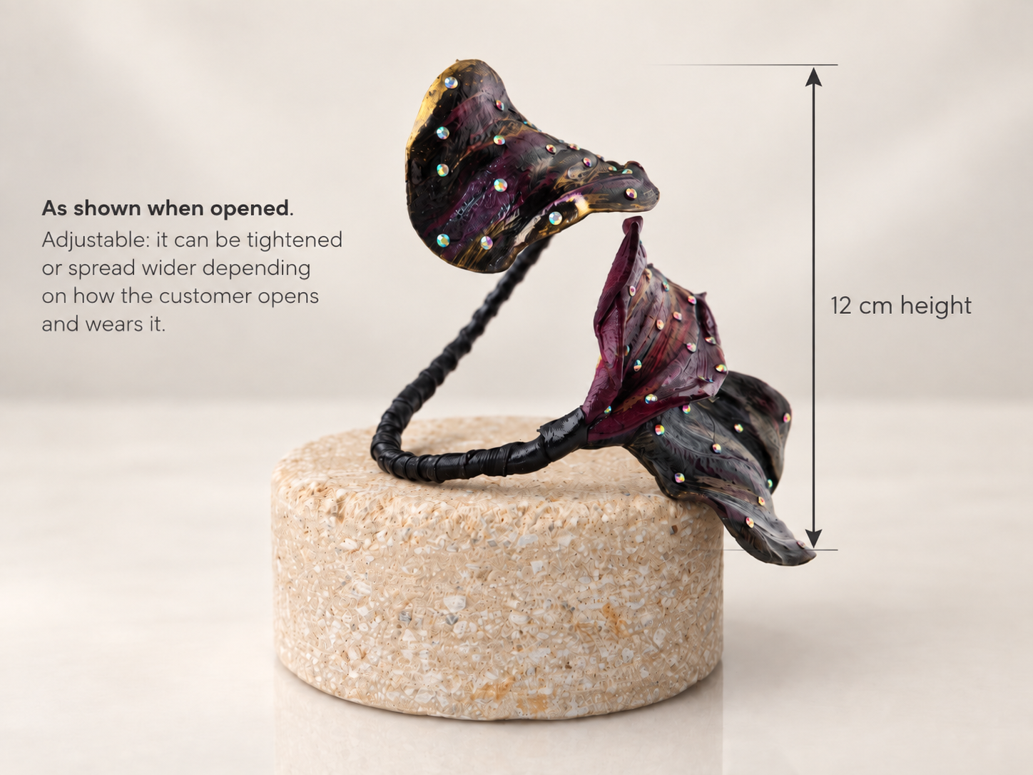Sculptural Leather Leaf Cuff Bracelet with Iridescent Crystals, photo 5