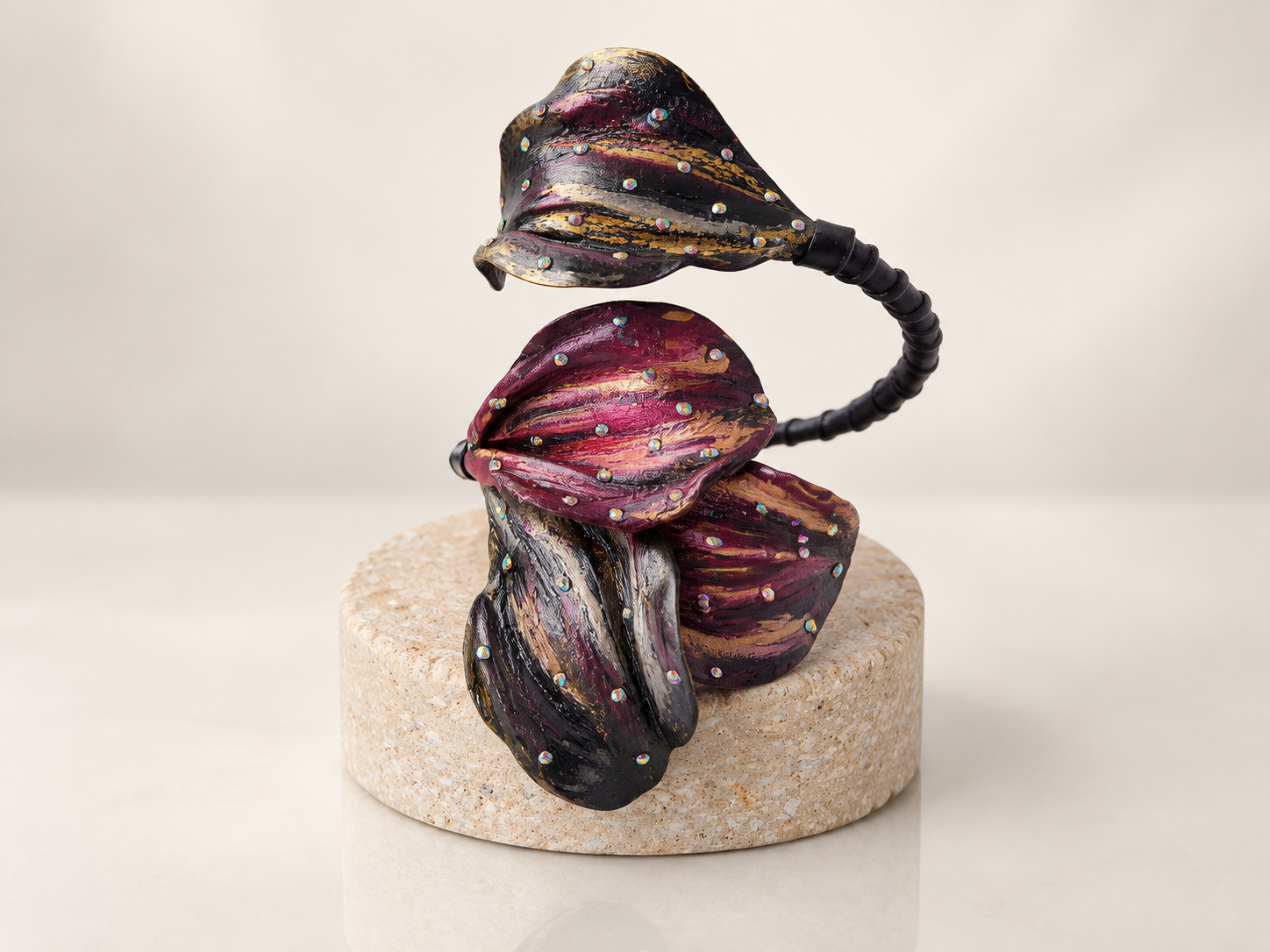 Sculptural Leather Leaf Cuff Bracelet with Iridescent Crystals