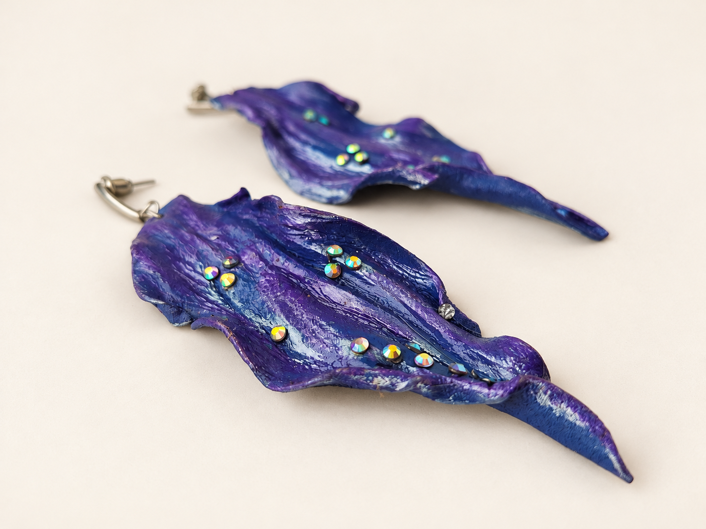 Sculptural Blue-Violet Leather Earrings with Iridescent Crystals, photo 6