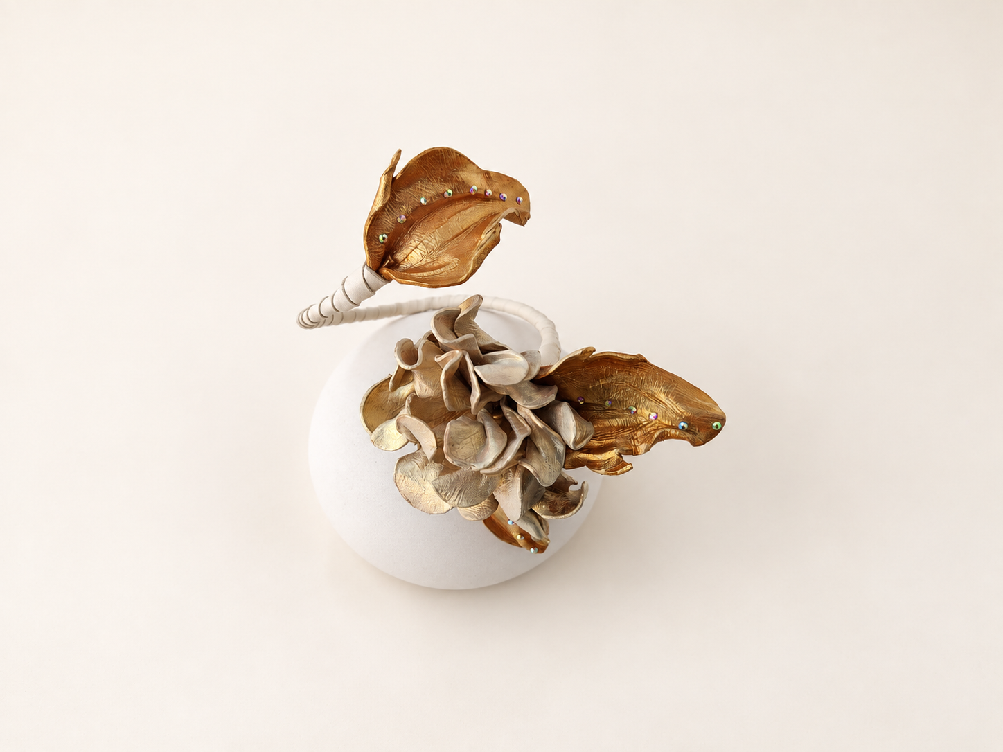 Sculptural Leather Flower Bracelet in Champagne & Gold, photo 6