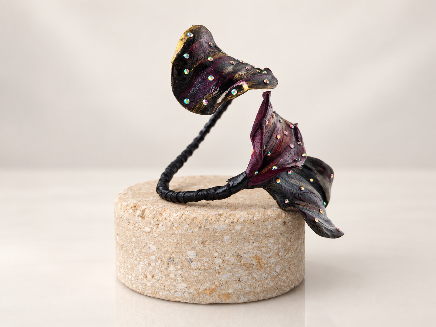 Sculptural Leather Leaf Cuff Bracelet with Iridescent Crystals, photo 3