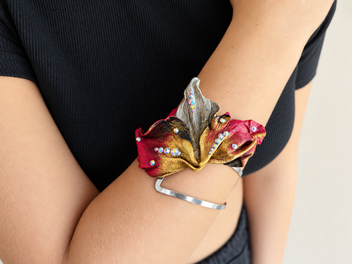 Burgundy Sculptural Leather Leaf Cuff Bracelet, photo 4