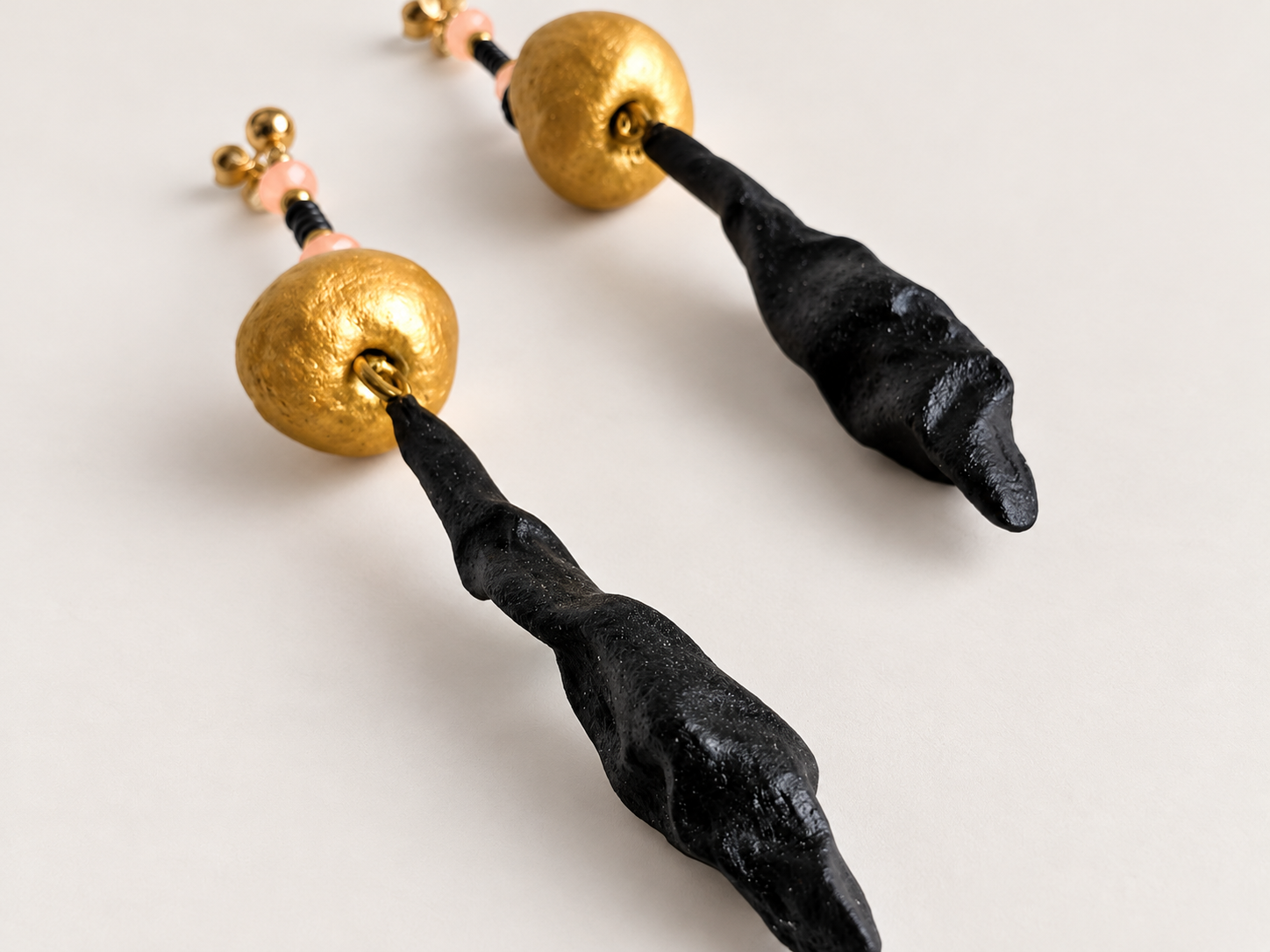 Black and Gold Papier-Mâché Drop Earrings with Beads, photo 2