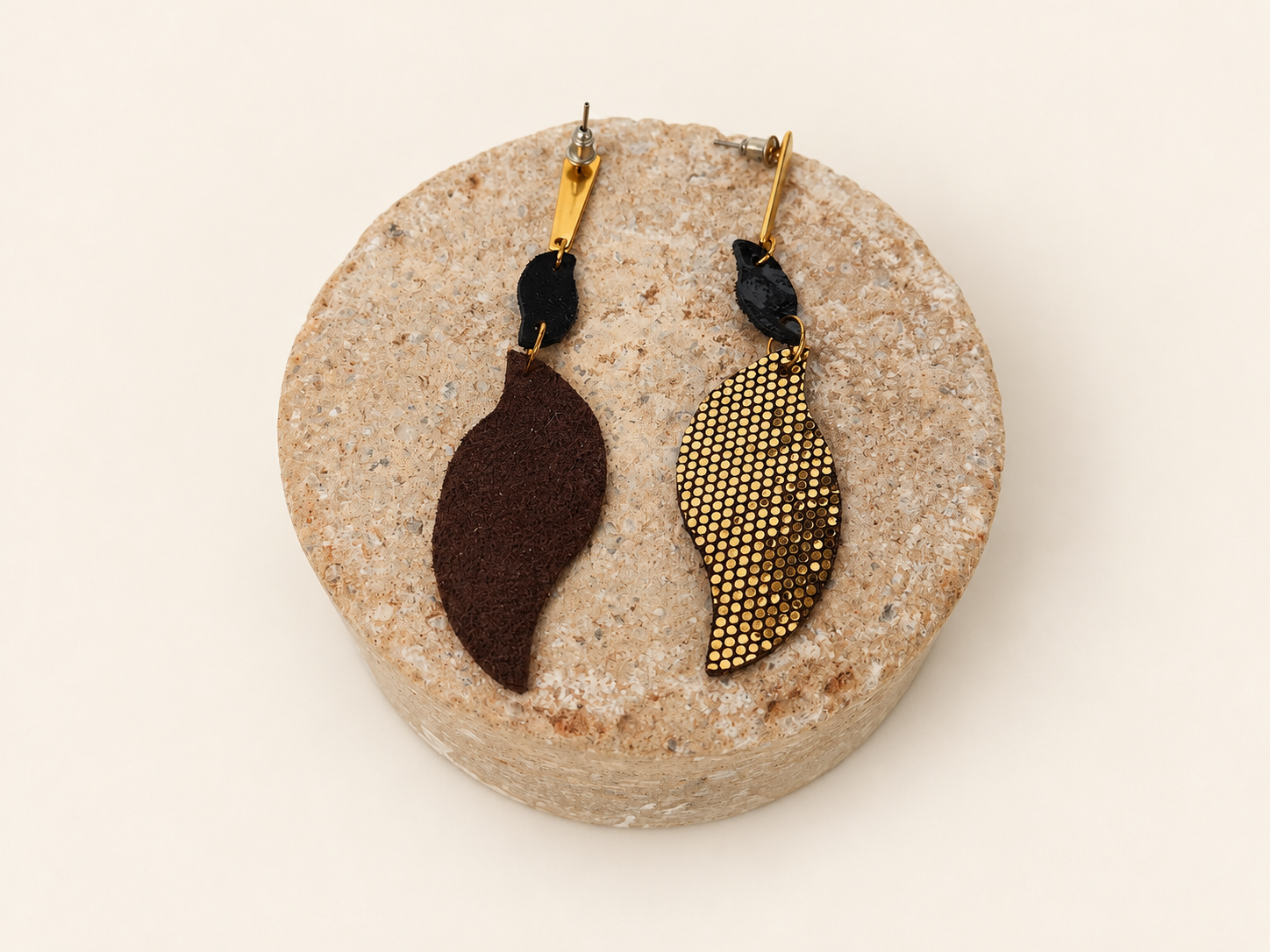 Black and Gold Leather Leaf Earrings with Snakeskin Texture, photo 2