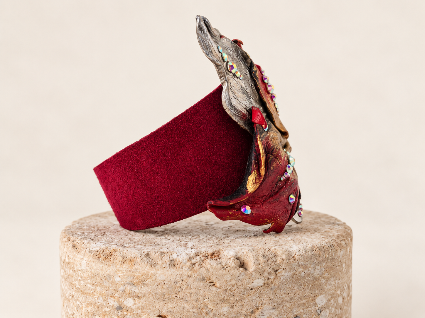 Burgundy Sculptural Leather Leaf Cuff Bracelet, photo 2