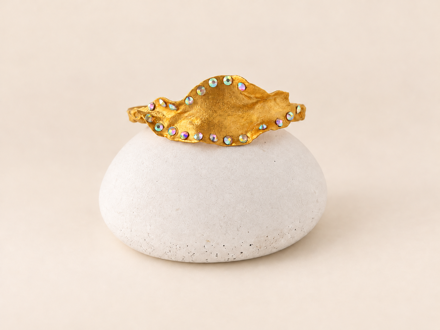 Sculptural Papier-Mâché Leaf Bangle with Rhinestones