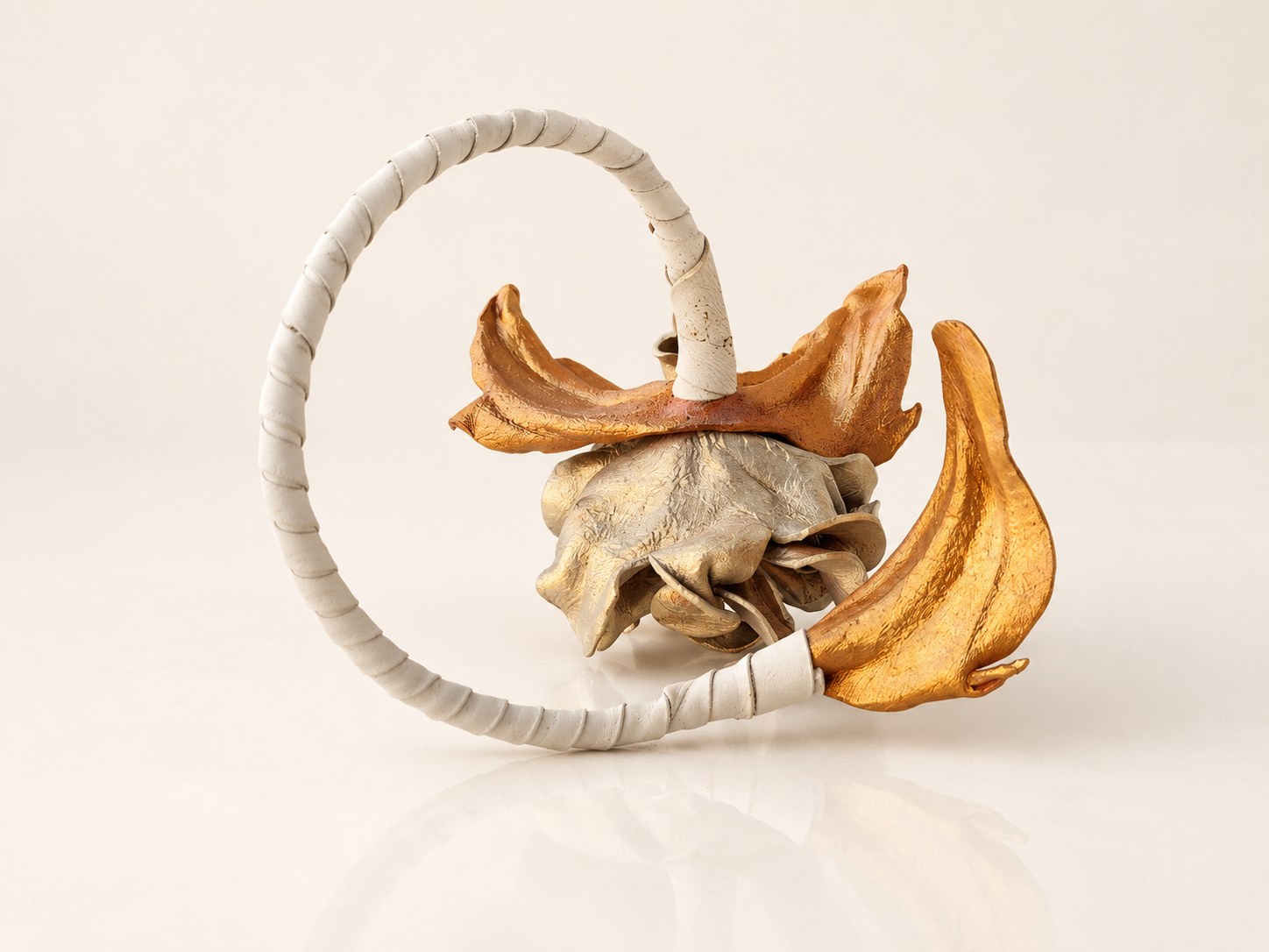 Sculptural Leather Flower Bracelet in Champagne & Gold, photo 3