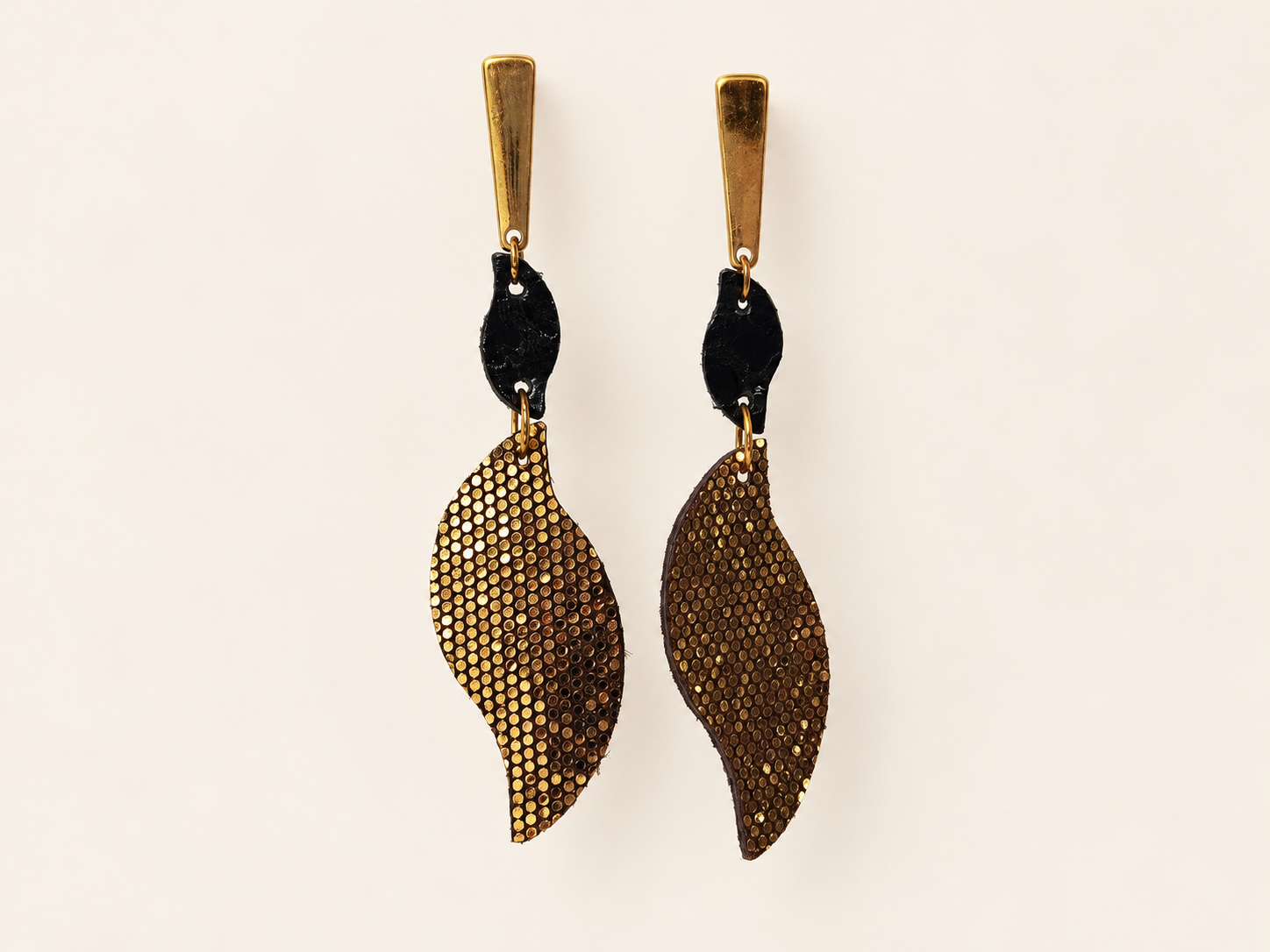 Black and Gold Leather Leaf Earrings with Snakeskin Texture