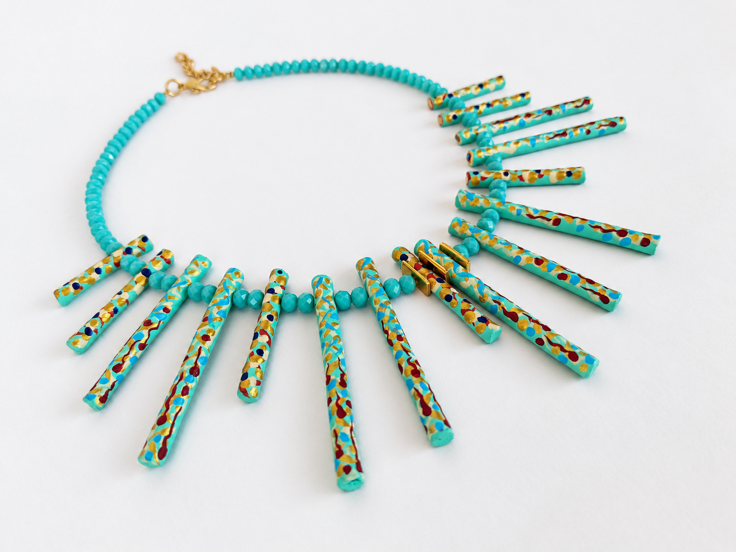 Turquoise Hand-Painted Papier-Mâché Statement Necklace, photo 6