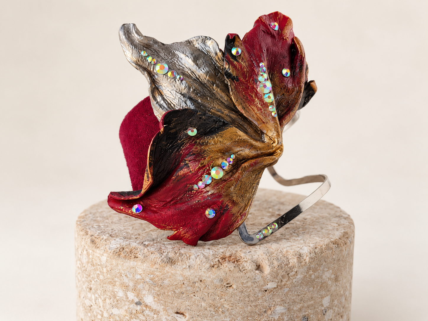 Burgundy Sculptural Leather Leaf Cuff Bracelet