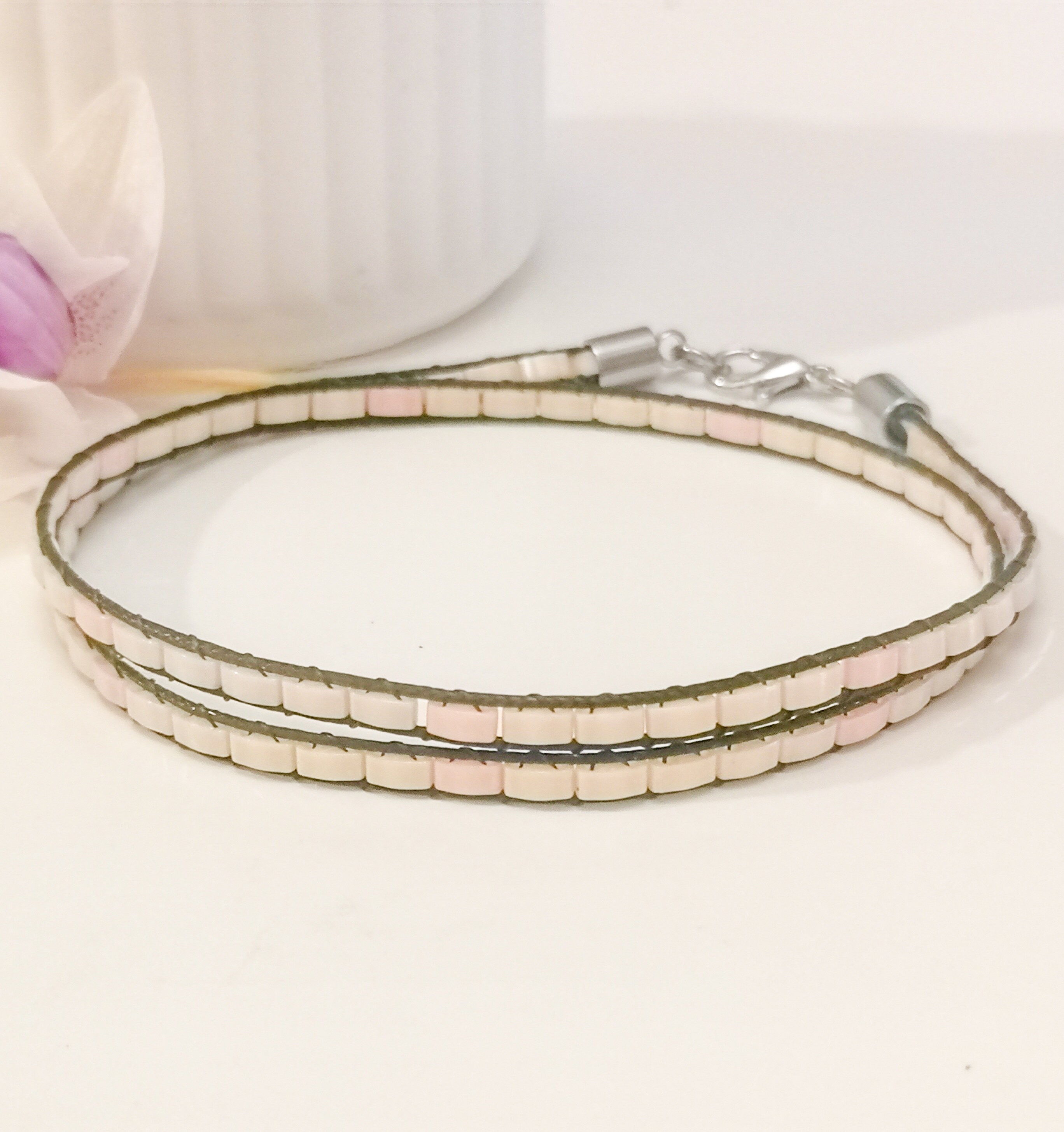 Double wrap bracelet, ivory unisex glass bracelet, photo 6