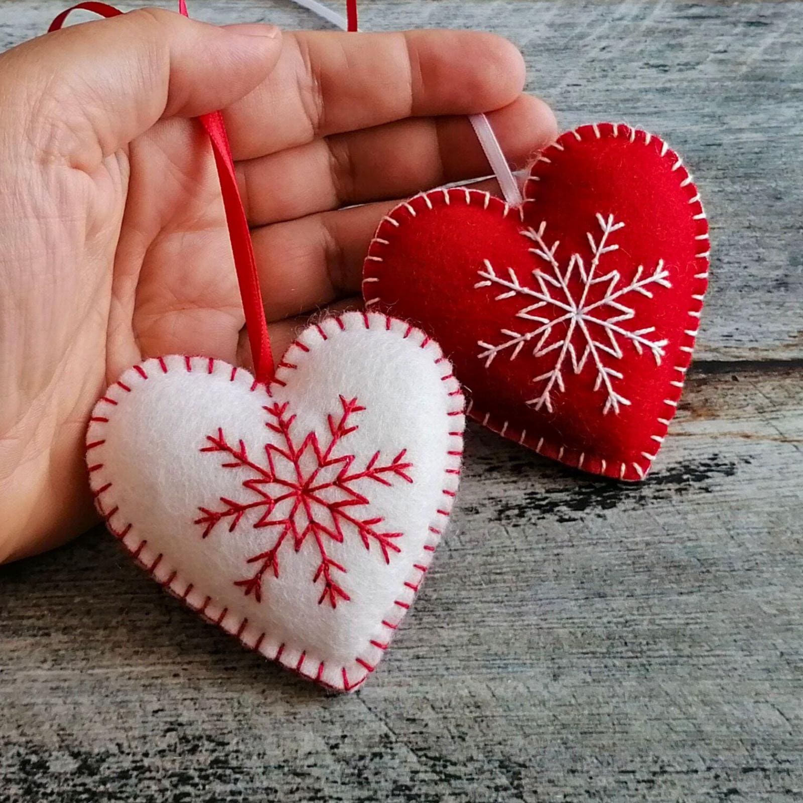 Set of 2  Felt Heart Christmas ornaments, white and red snowflake embroidery