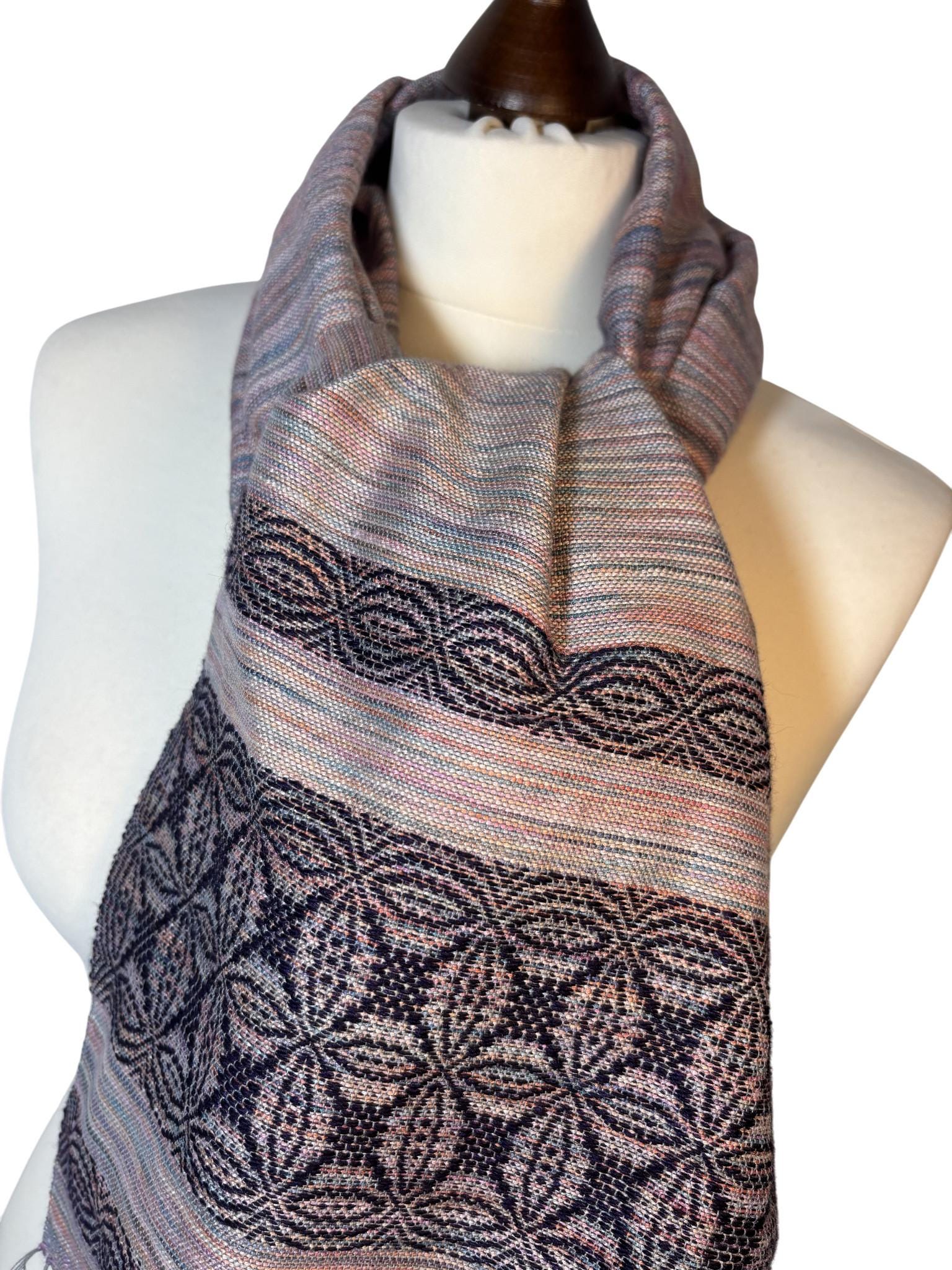 Asymmetrical Pink Merino Silk Scarf with Lily Motif – Handwoven Luxury Shawl, Personalized Scarf
