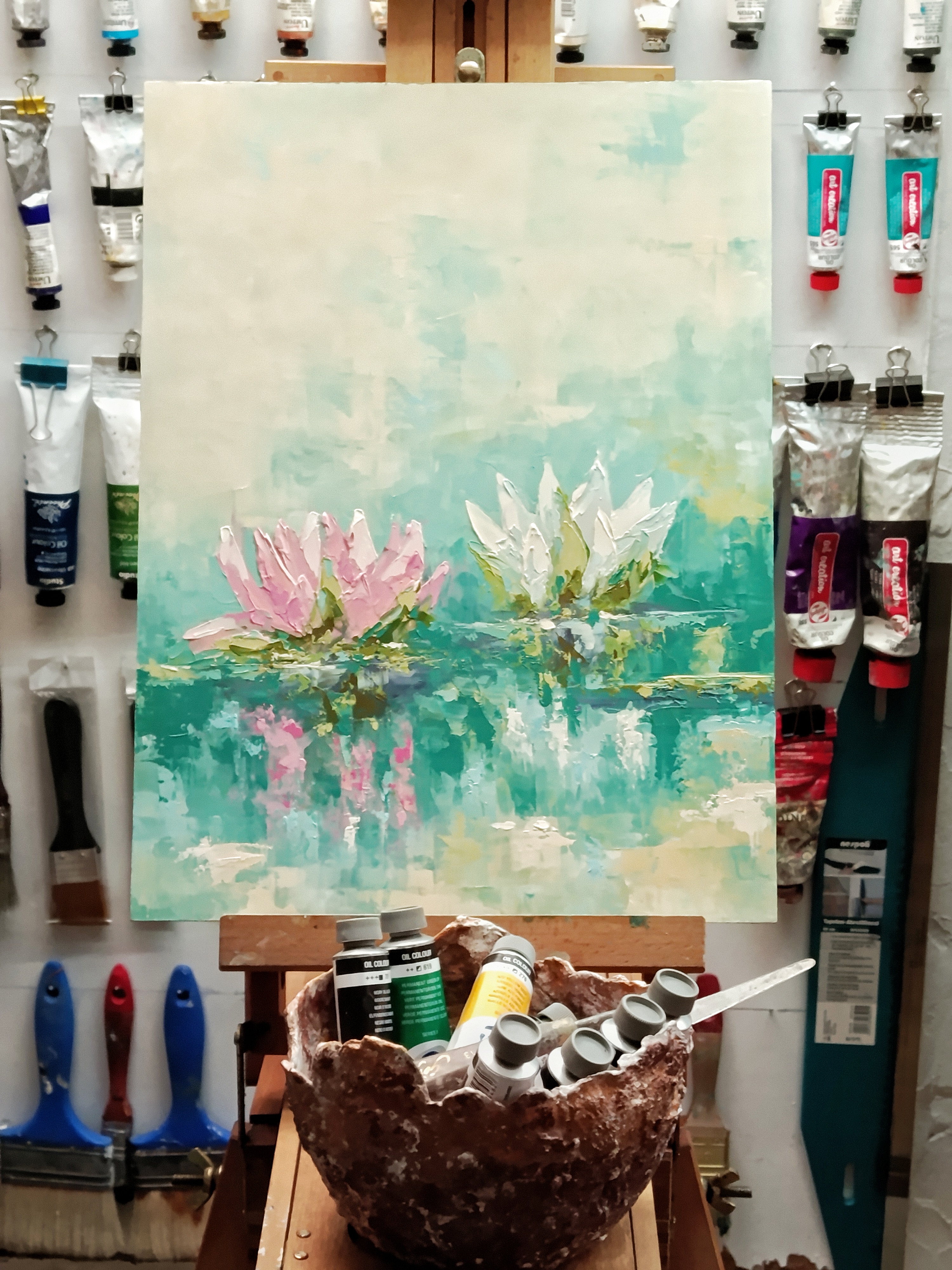 Water Lilies Oil Painting, Original Impasto Floral, Pink White Lotus Wall Art, Small Pond Painting 30x40 cm, photo 3