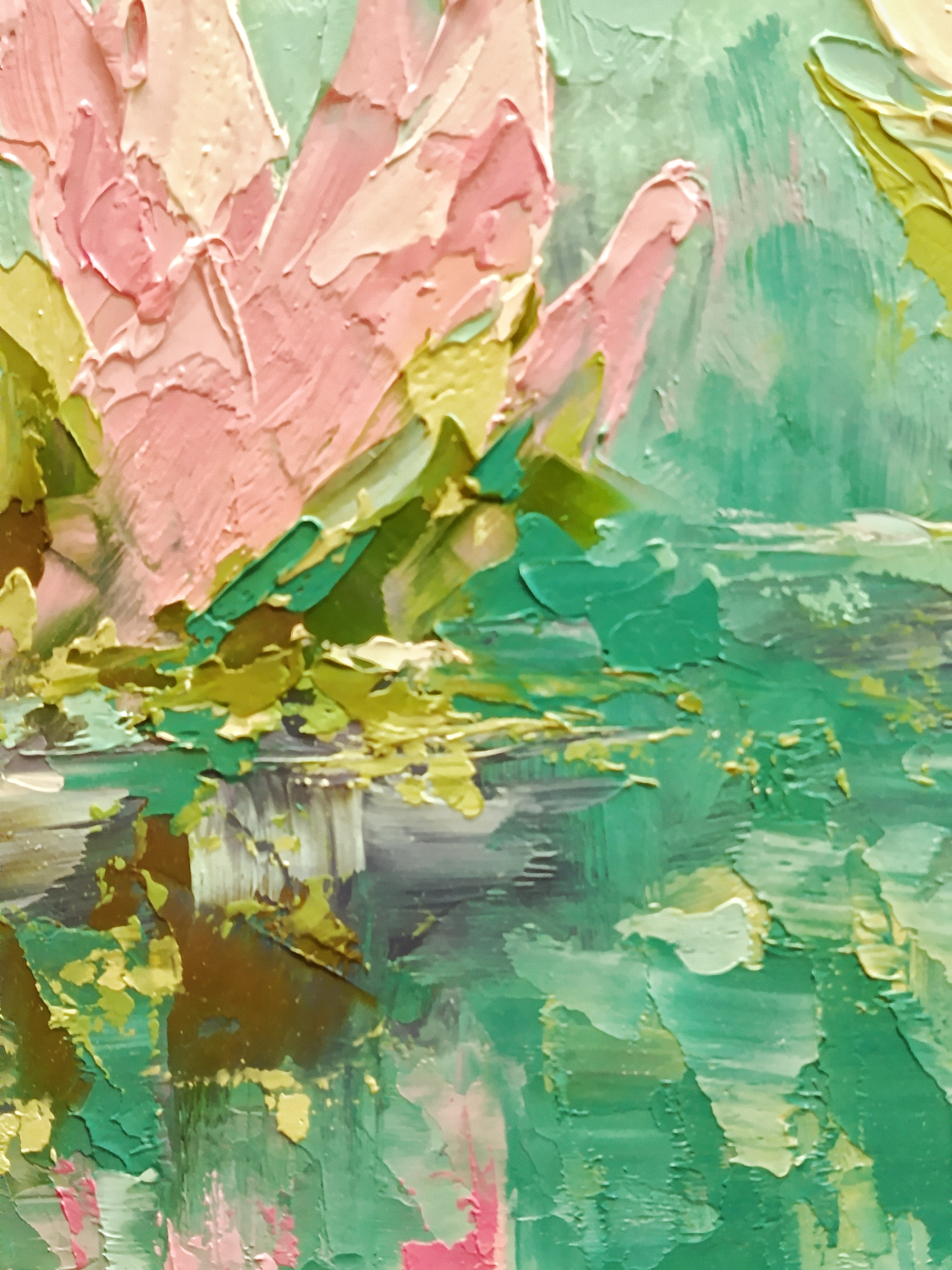 Water Lilies Oil Painting, Original Impasto Floral, Pink White Lotus Wall Art, Small Pond Painting 30x40 cm, photo 2