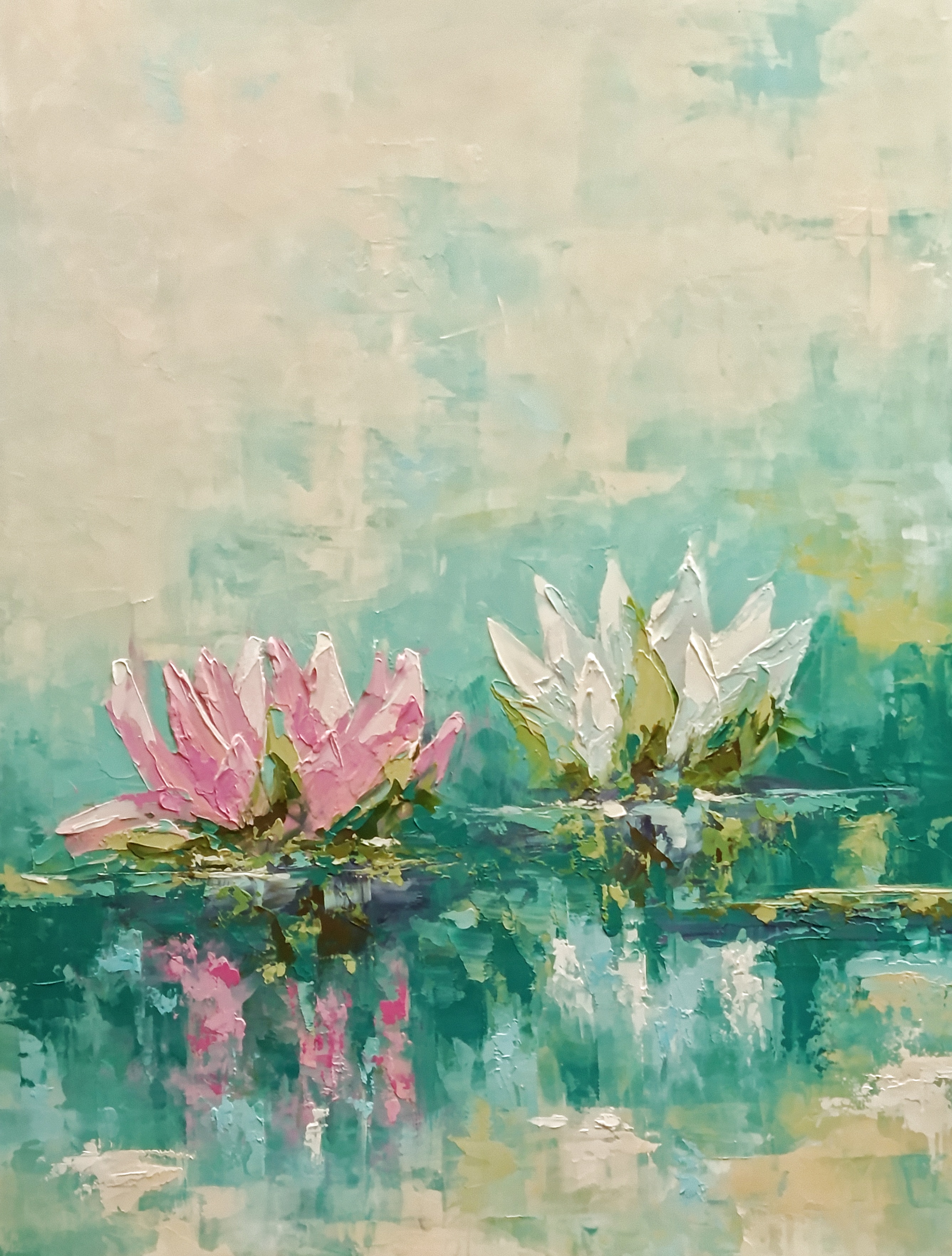 Water Lilies Oil Painting, Original Impasto Floral, Pink White Lotus Wall Art, Small Pond Painting 30x40 cm