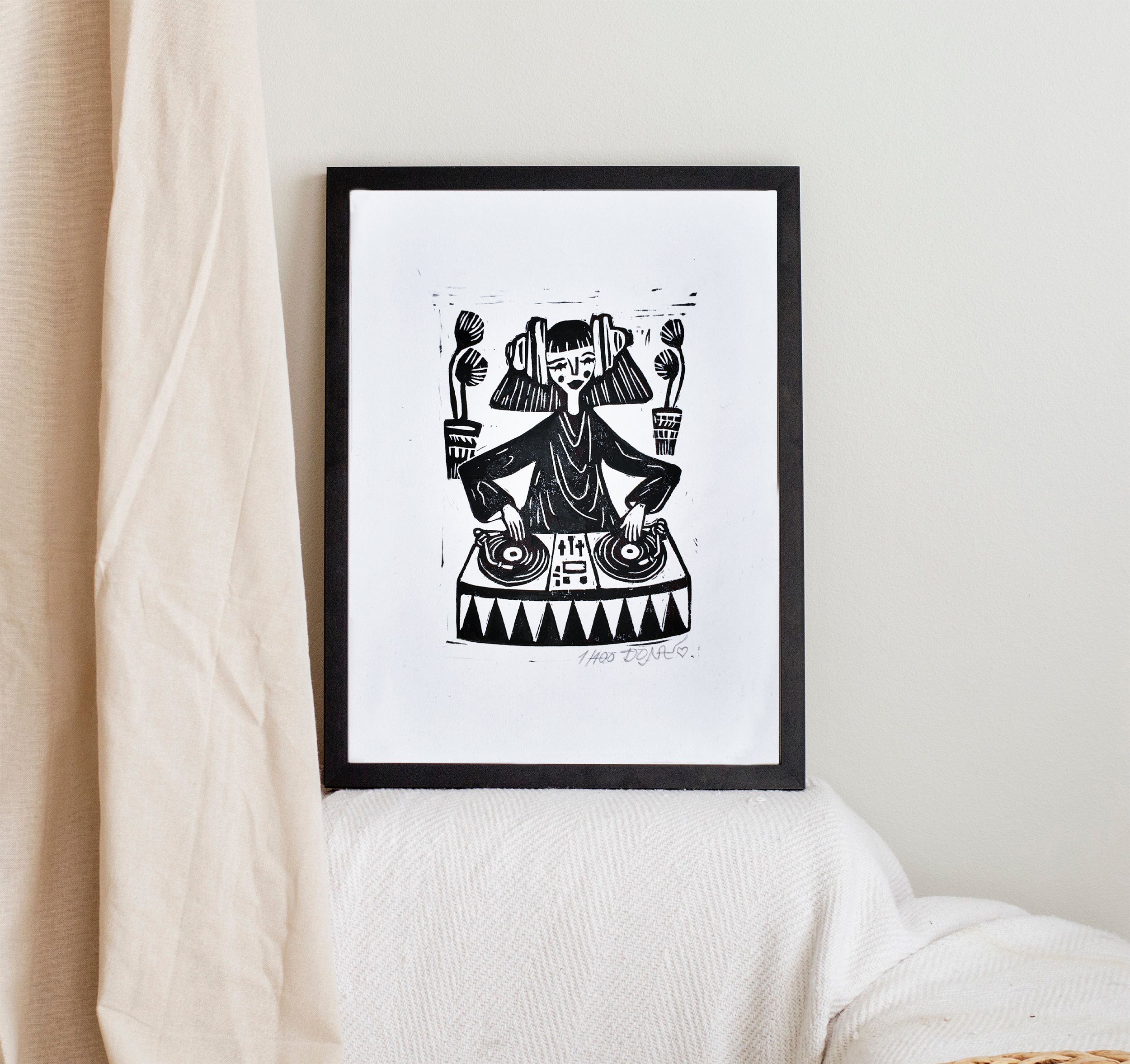 DJ Girl Playing Music Linocut Print