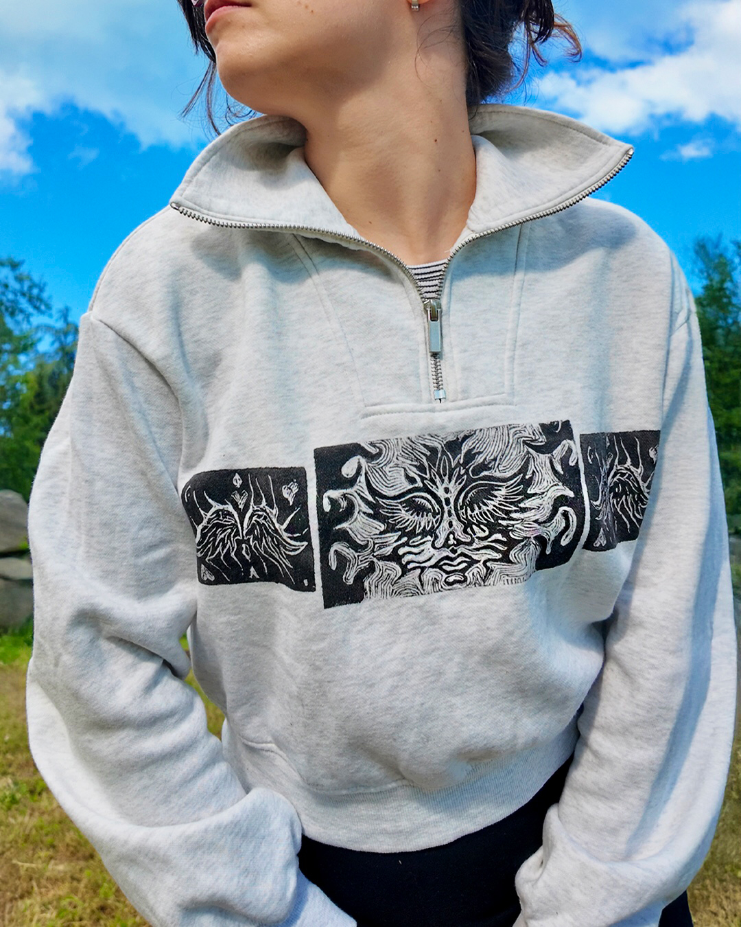 Handprinted Womens Hoodie, Surreal Linocut Sweatshirt
