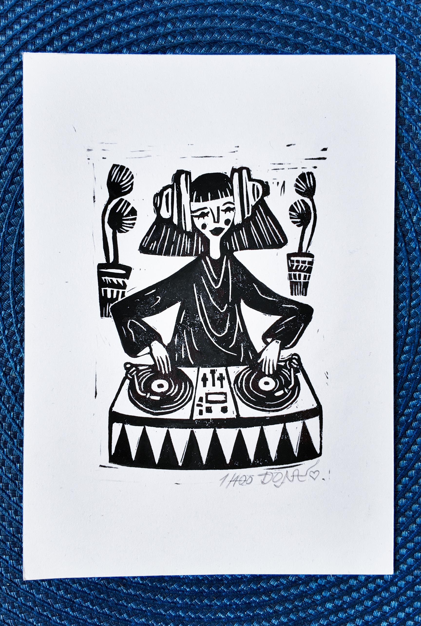 DJ Girl Playing Music Linocut Print, photo 2