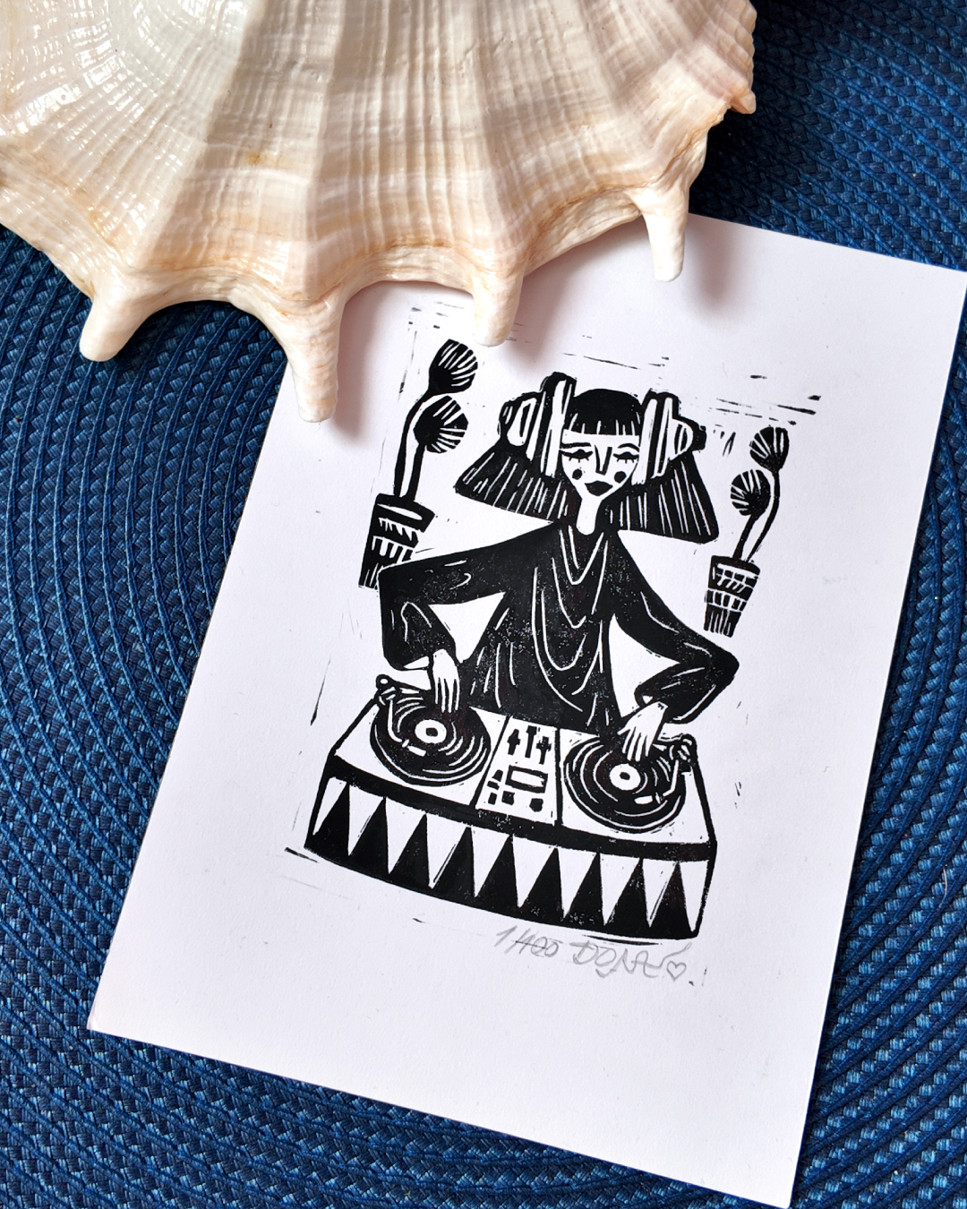 DJ Girl Playing Music Linocut Print, photo 2