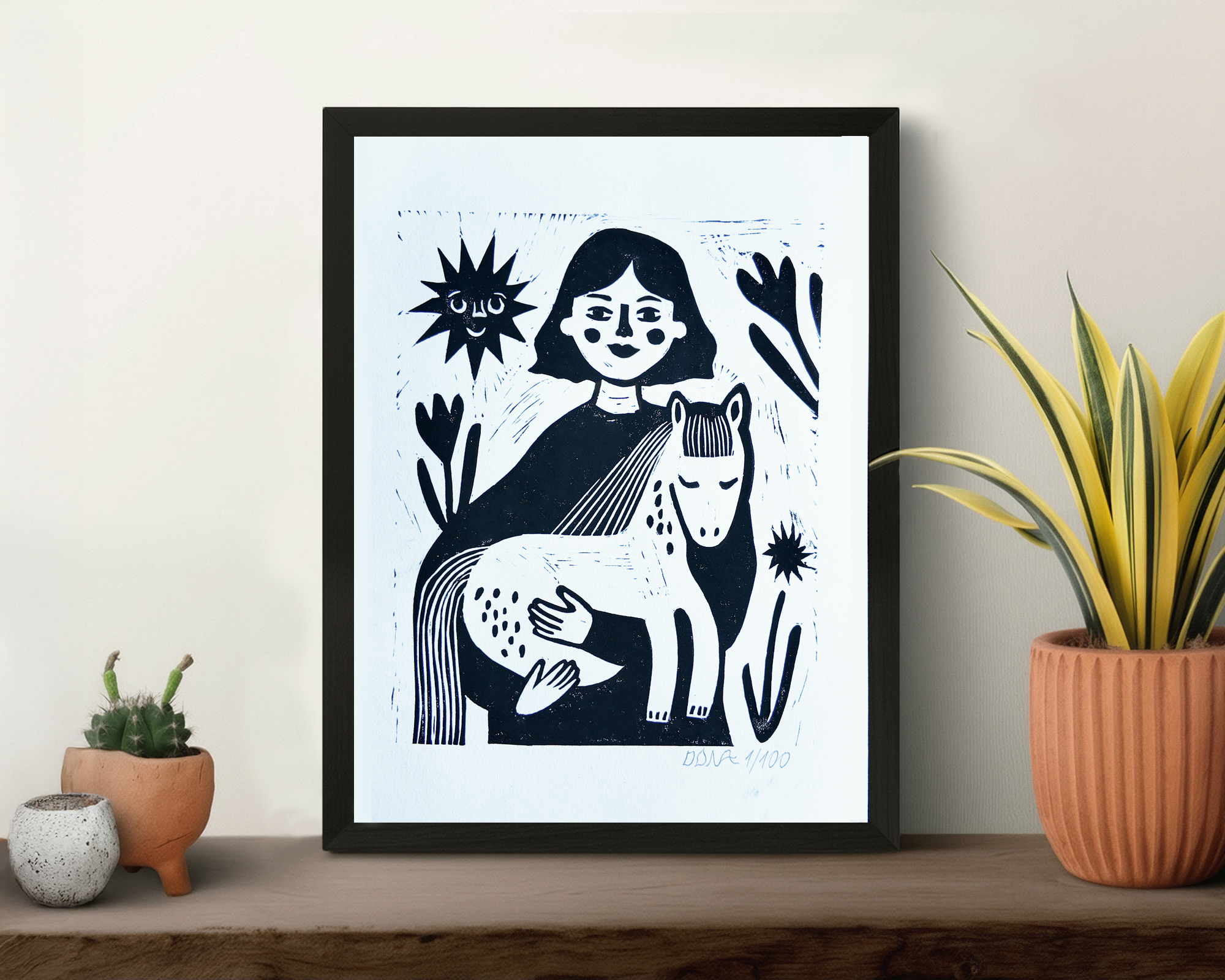 Little Pony Keeper Linocut Print