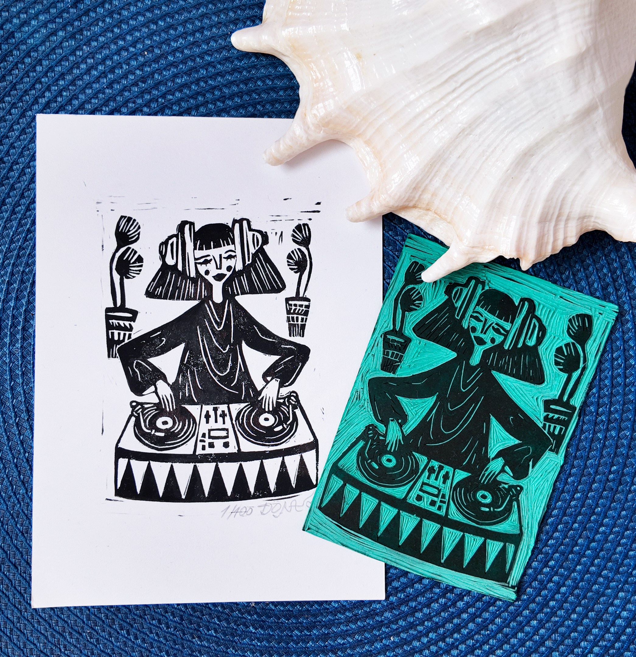 DJ Girl Playing Music Linocut Print, photo 3