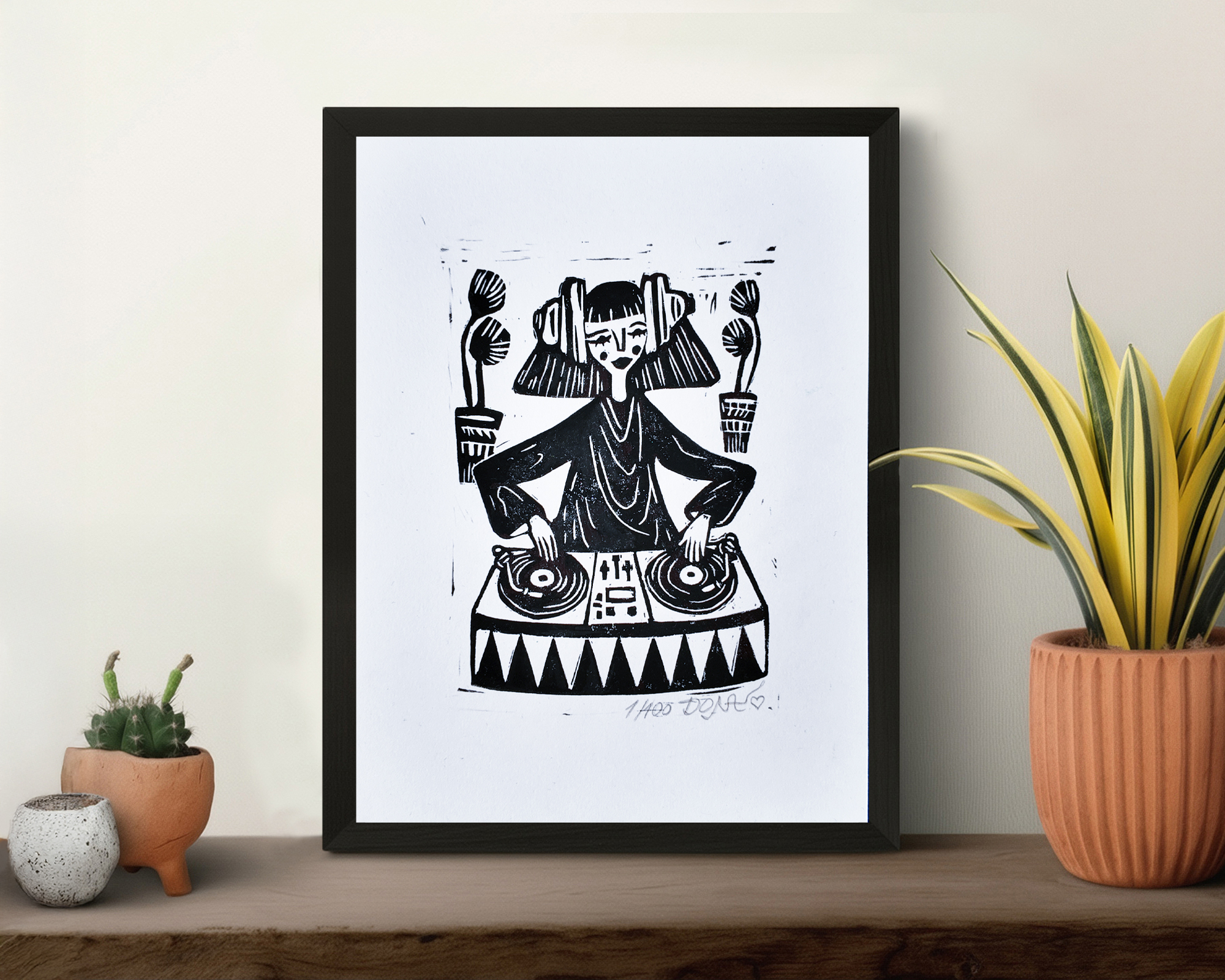 DJ Girl Playing Music Linocut Print
