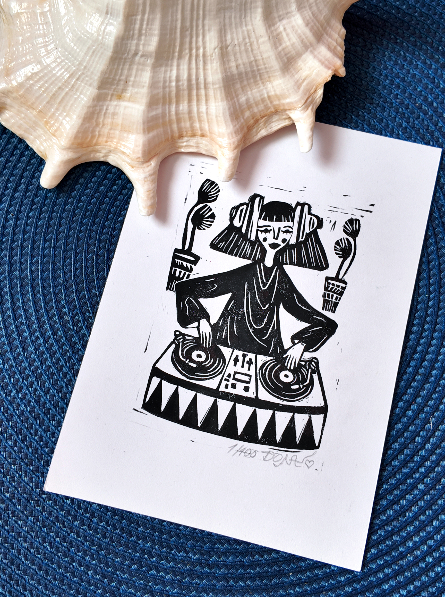 DJ Girl Playing Music Linocut Print, photo 4