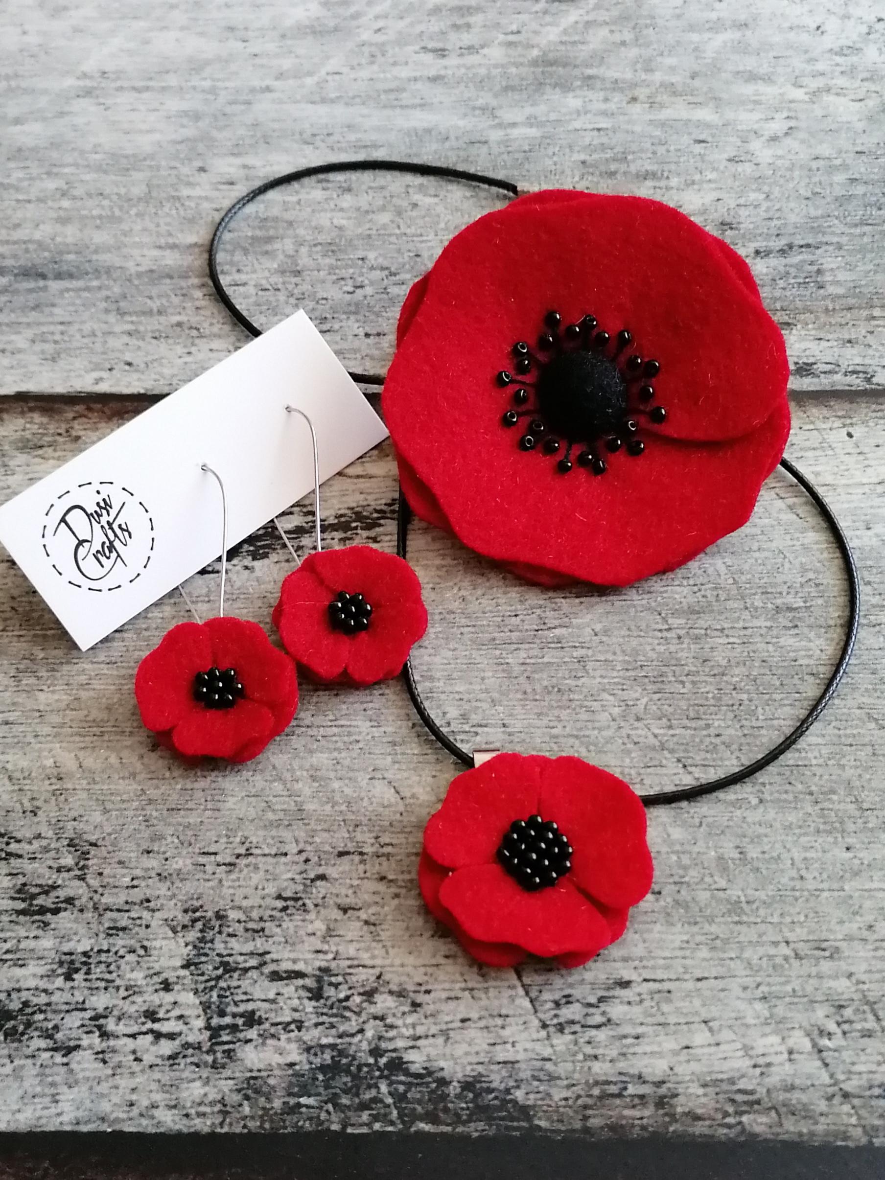 Red poppy Drop necklace, earrings and brooch, Wool felt flowers, Bohemian style, photo 6