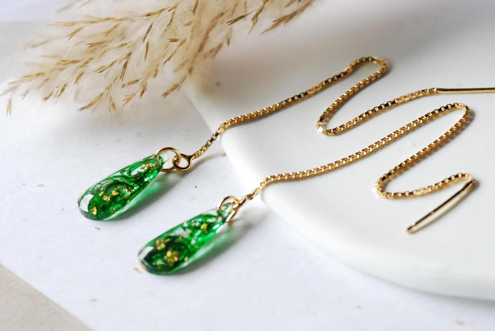 Botanical Resin Threader Earrings - Gold Teardrop Moss, photo 3