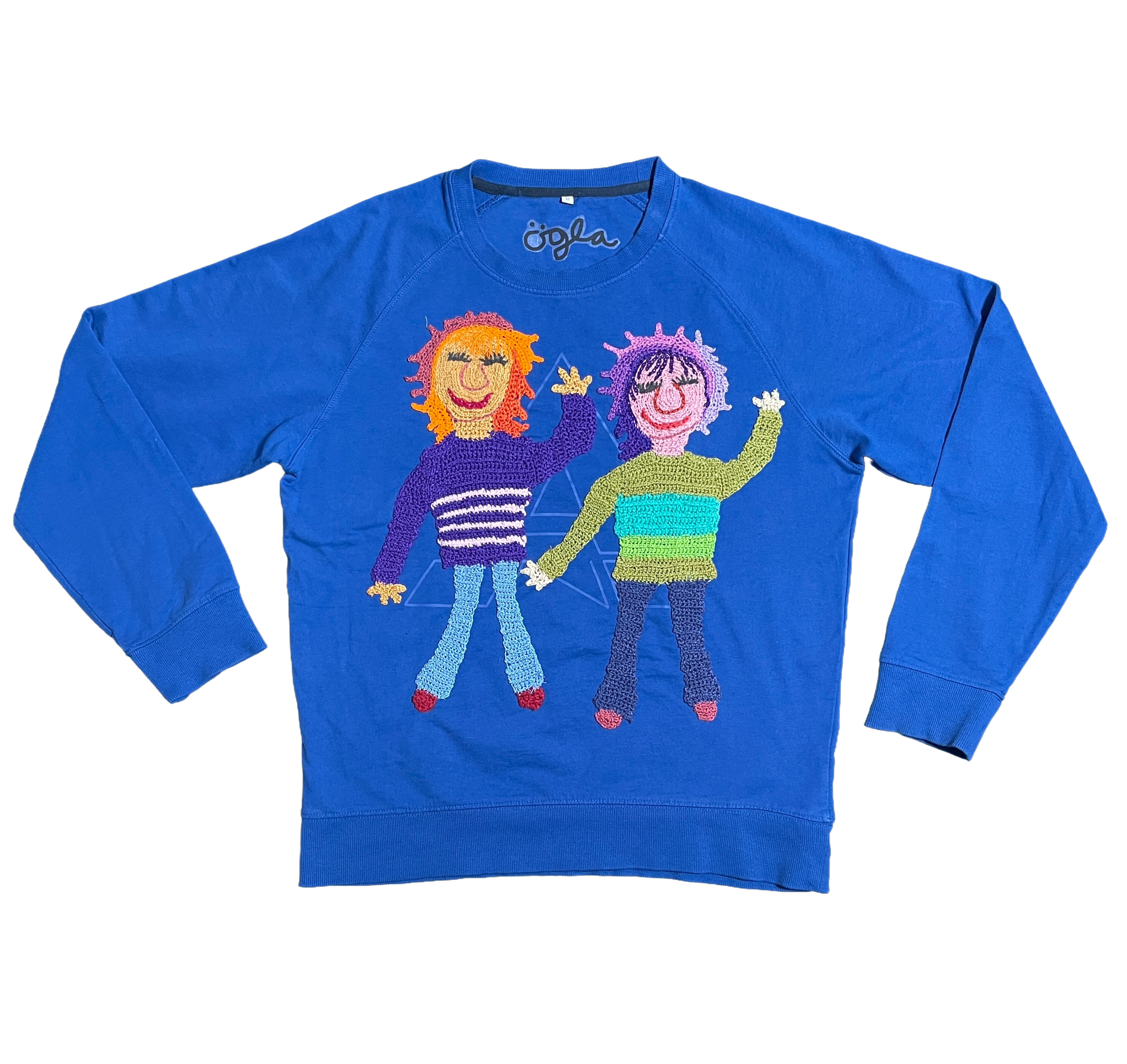Wear A Smile, upcycled sweatshirt with crochet decor,  electric blue, size M/L., photo 2